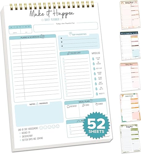 Decorably Bloc de notas diario detallado 52 hojas de planificador diario, 6.5 x 10 pulgadas, encuadernado en resorte, planificador de notas,