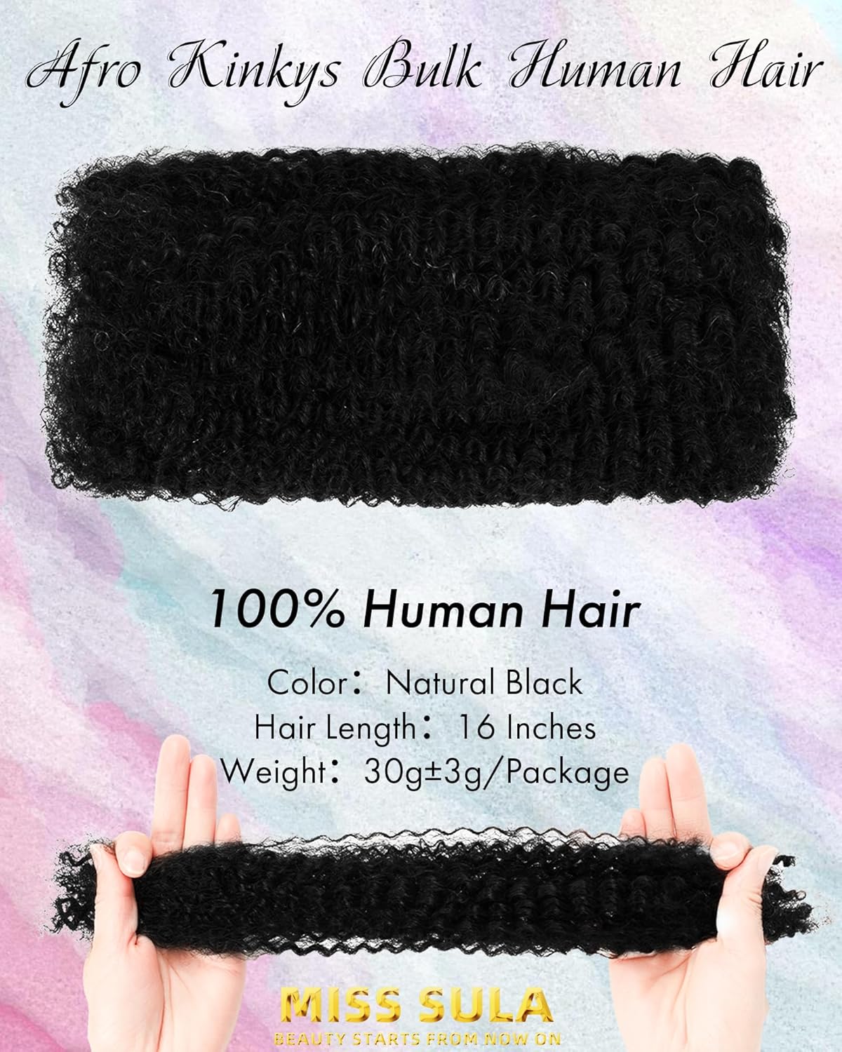 Afro Kinkys Bulk Human Hair Extensions,Kinky-Curly Real Human Hair for Dreadlocks/Locs Repair, Twist & Braid, Crochet Human Braiding Hair Bundles, Natural Black, 16 Inches 1 Pack