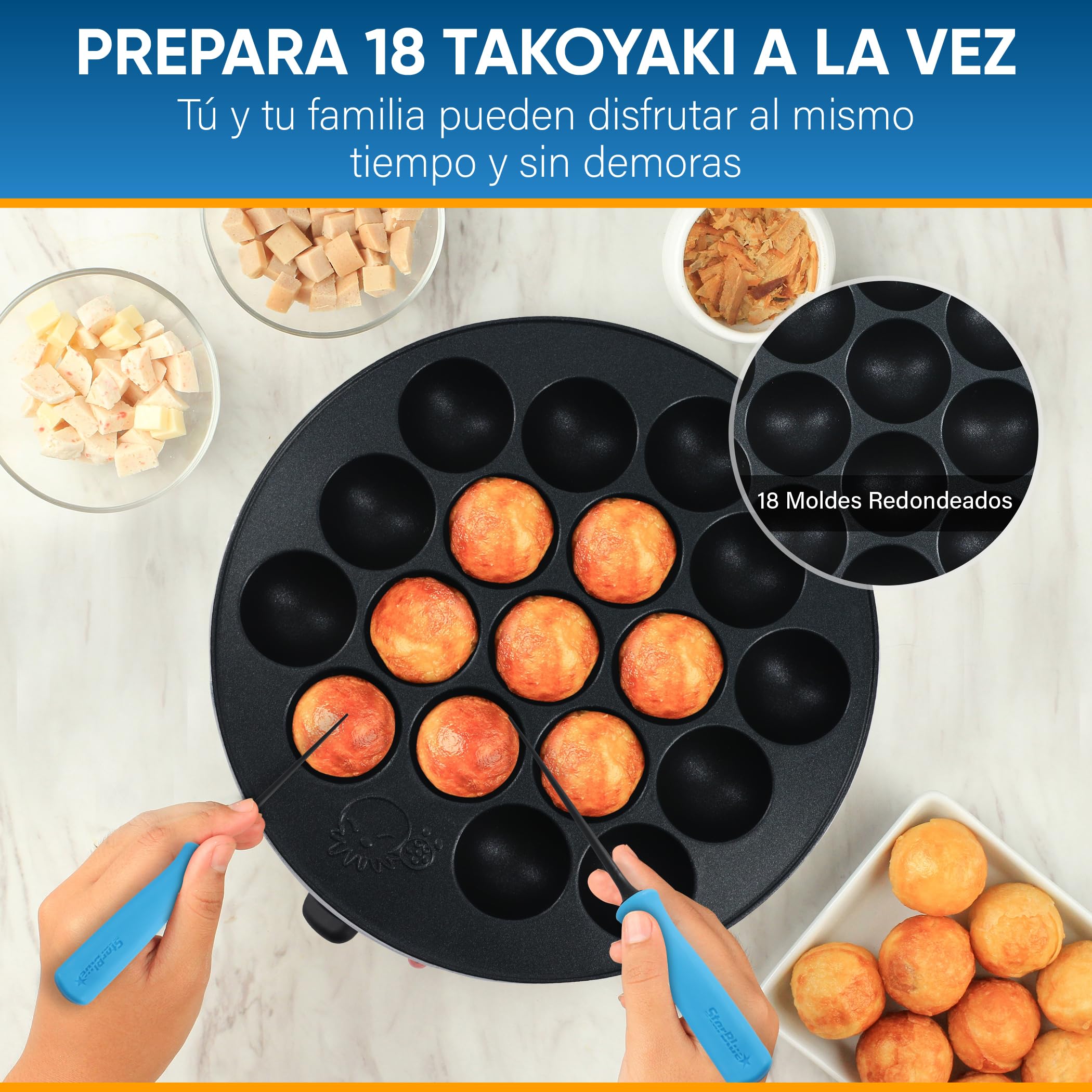 StarBlue Takoyaki Maker Machine Machine with Free Takoyaki Picks - Control de temperatura de 18 agujeros, 220 V, 60 Hz, 700 W, Enchufe del Reino Unido Y Adaptador Europeo