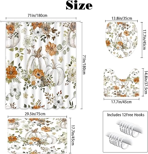 Miniatura 4 de MEHOFOND Juego de 4 piezas de ducha de calabaza para baño, otoño, día de Acción de Gracias, cortina de ducha, alfombra, cubierta de tapa de inodoro