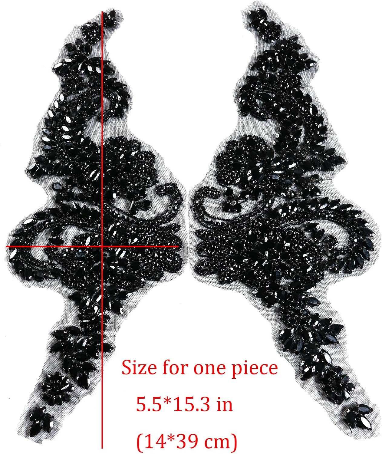 LabellezaladyHandcrafted Black Beaded Applique, Sew-on Rhinestone Lace Trim with Matching Center, 3.5x11.8in, Symmetrical Design for Suit Jacket, Gown Waist, Veil, Belt Buckle Embellishment