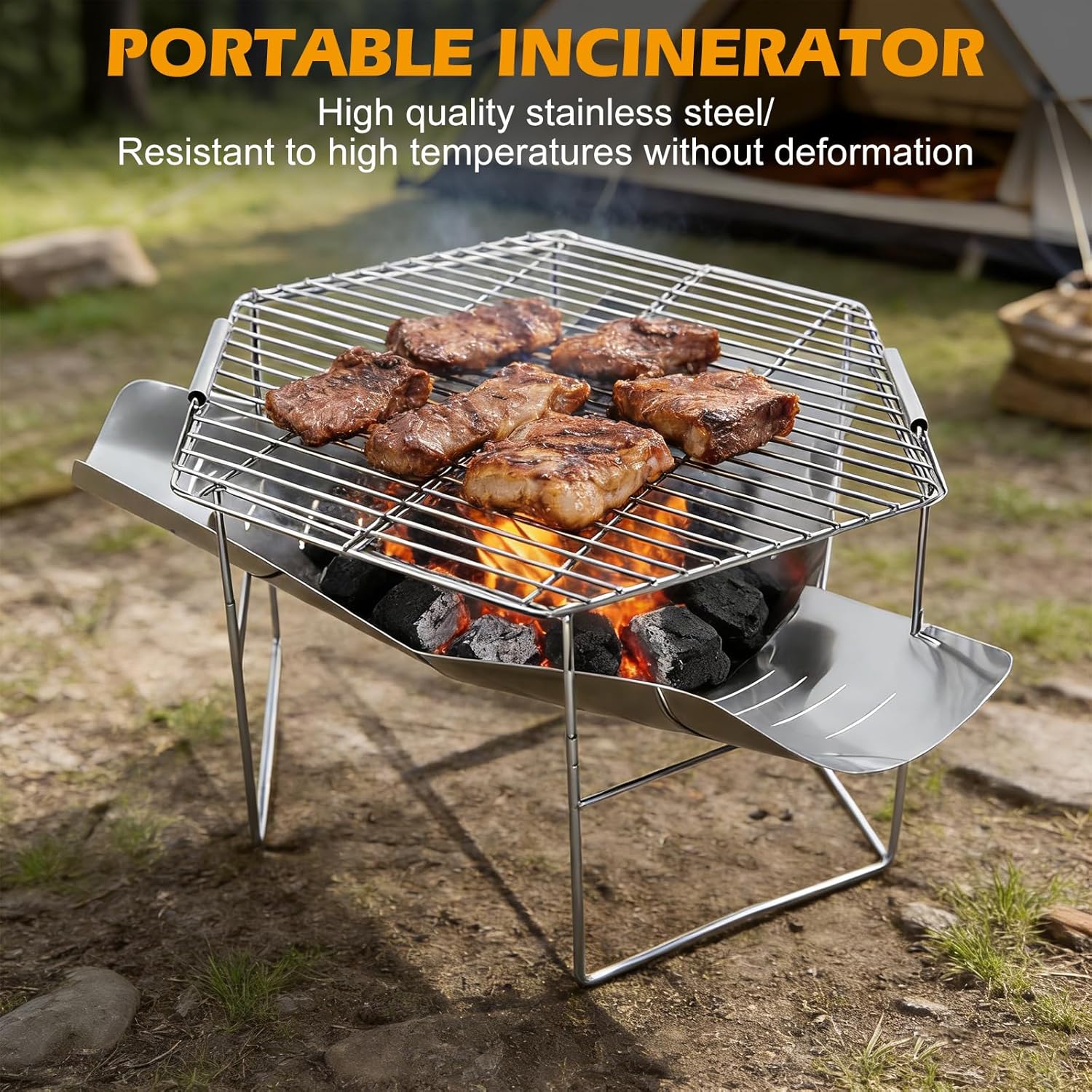 19" Portable Fire Pit for Camping Foldable Stainless Steel Fire Pit Collapsible Wood Burning Stove with Grill Net for BBQ Picnics Backpacking Beach Bonfires Outdoor Heating