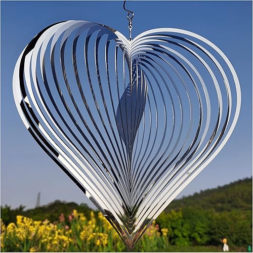 DJUAN Giradores de Viento para Exteriores Decoraciones de Metal, Giradores de Viento de Corazón Plateado para Patio y Jardín, Campanillas de Viento
