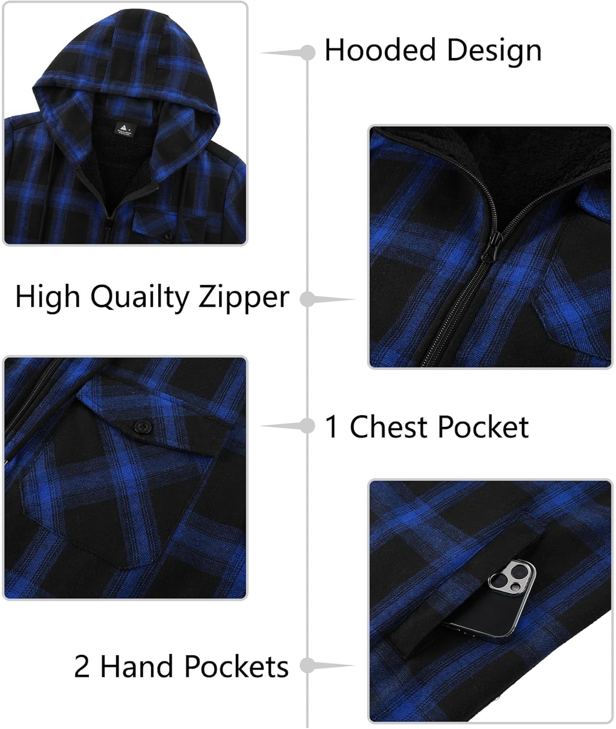 SCODI Men's Flannel Plaid Jacket Warm Sherpa Lined Fleece Hoodies for Men Zip Up Thick Jackets Winter Coat with Pocket - Image 3