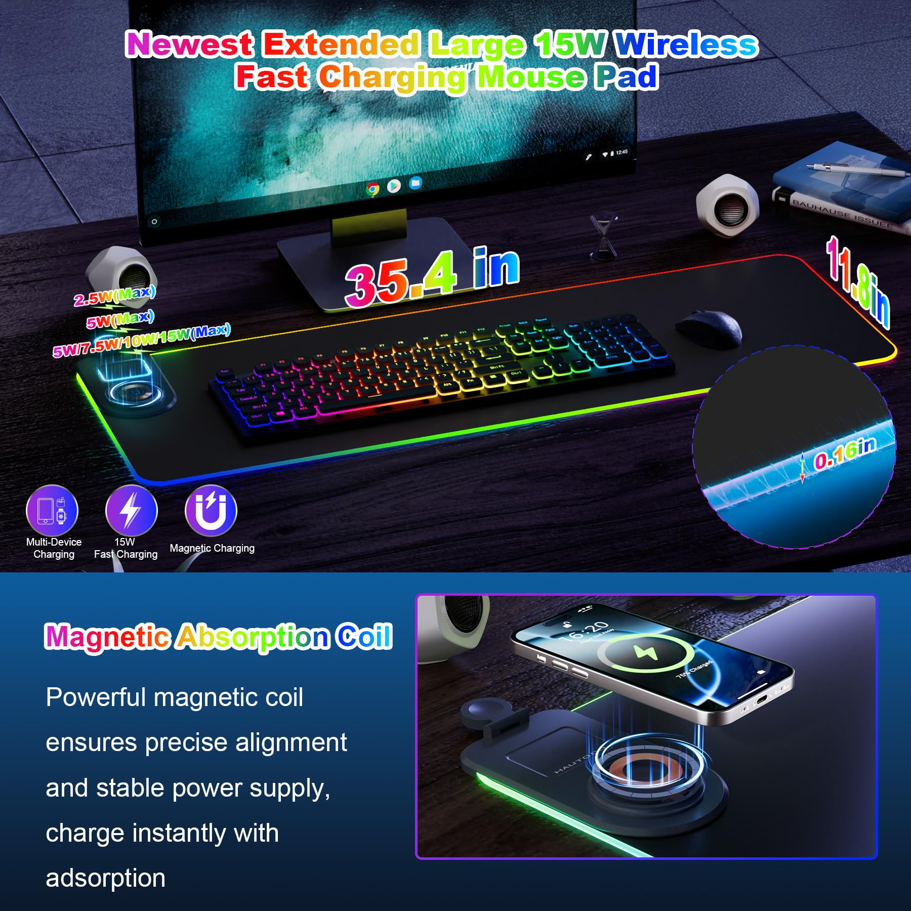 HAUTOCO Tappetino per mouse con ricarica wireless, 15 W, RGB, tappetino per mouse da gioco, impermeabile, con supporto per telefono, 89 x 30 cm, extra large, base antiscivolo, tappetino per tastiera