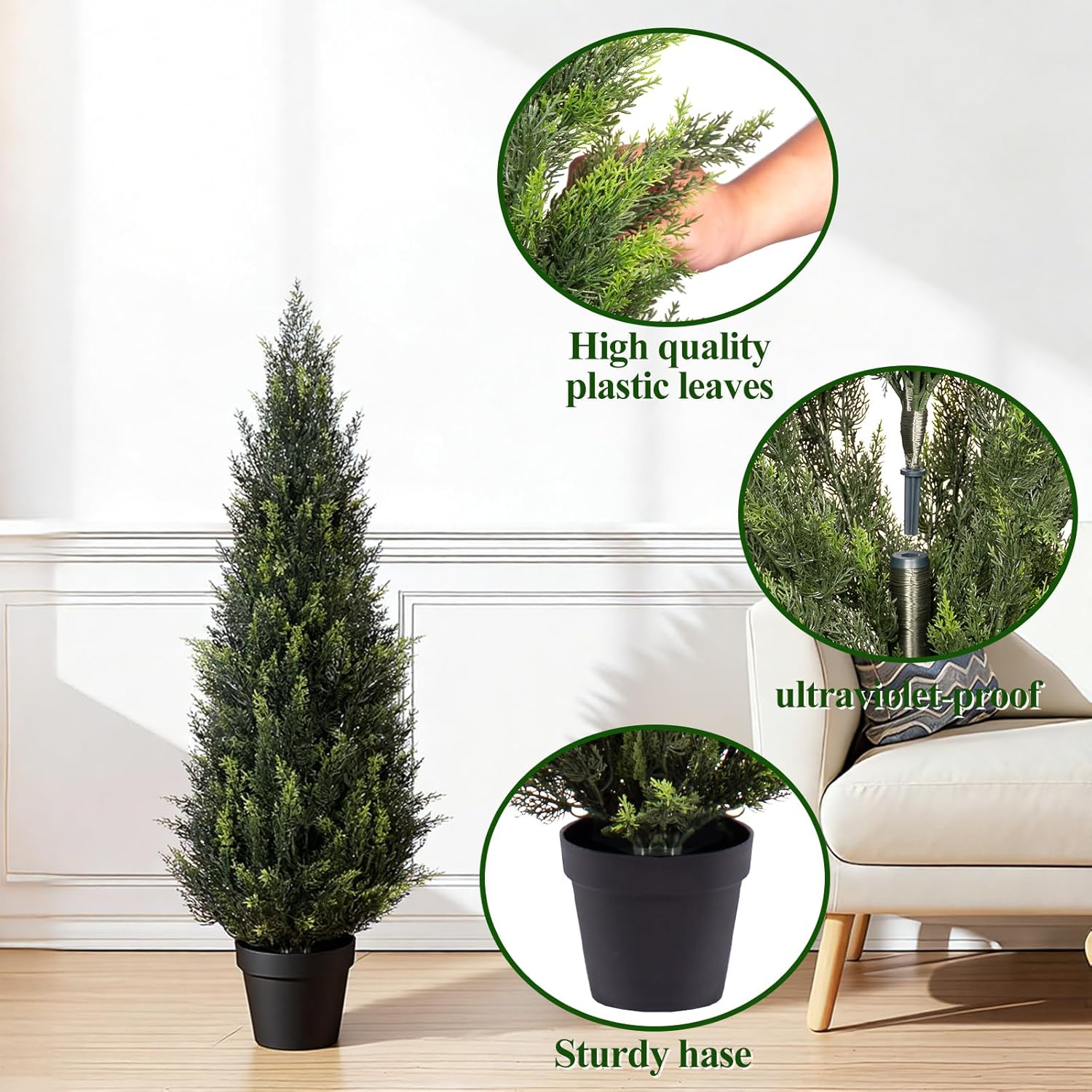 3FT Artificial Cedar Topiary Trees (1 Pack) - UV Resistant Faux Evergreen Shrubs Extra Dense Foliage Realistic Fake Pine Cypress Plants Easy Assembly for Front Porch Garden Indoor Office Decor