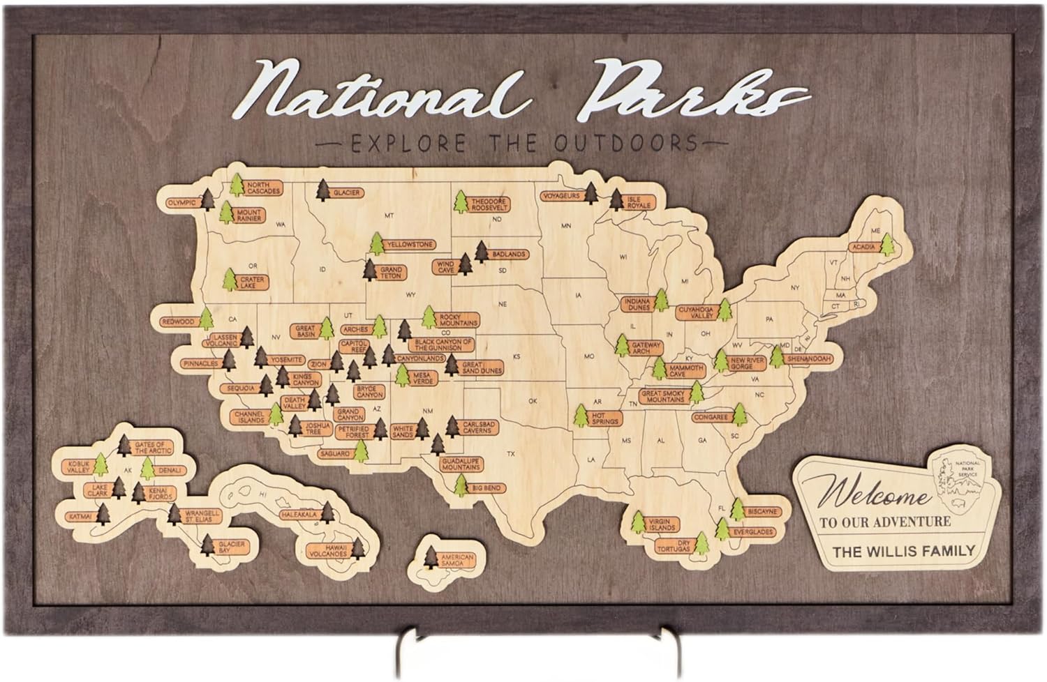 US Wooden National Parks Travel Map With Trees To Record Park Visits (Coffee, Size XL: 27 x 17 inch)