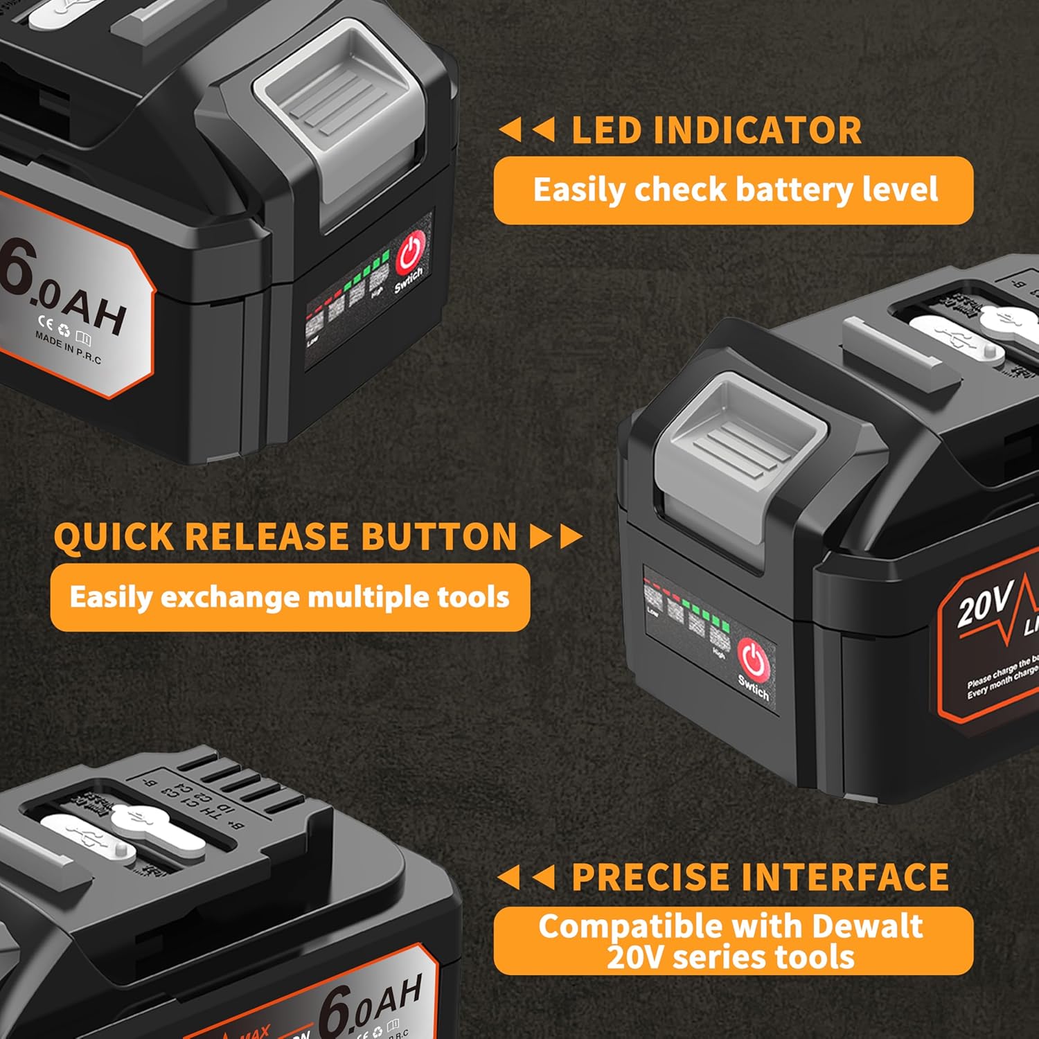 6.0Ah Replacement for DeWalt 20V Max Battery, Compatible with Dewalt 20v Max Battery DCB200 DCB203 DCB204 DCB205 DCB206 Series Tools, Comes with USB C Multi Charging Cable & DC Power Charger 2 Pack