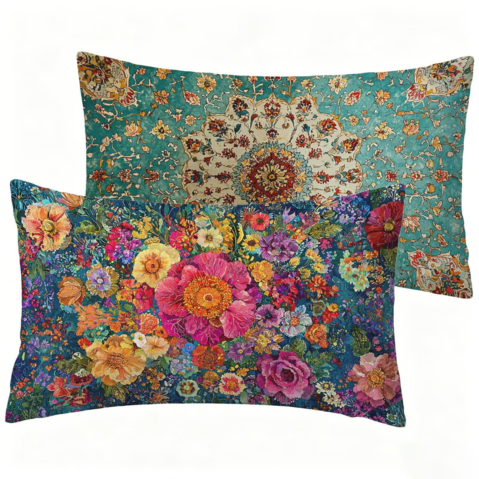 Kissenbezug 60 x 80 2er Set, Blau Rechteckig Zierkissenbezüge mit Versteckter Reißverschluss, Outdoor Wasserdicht Leinen Kissenhülle, Blume Kopfkissenbezug für Sofa Garten Schlafzimmer Deko J0-427