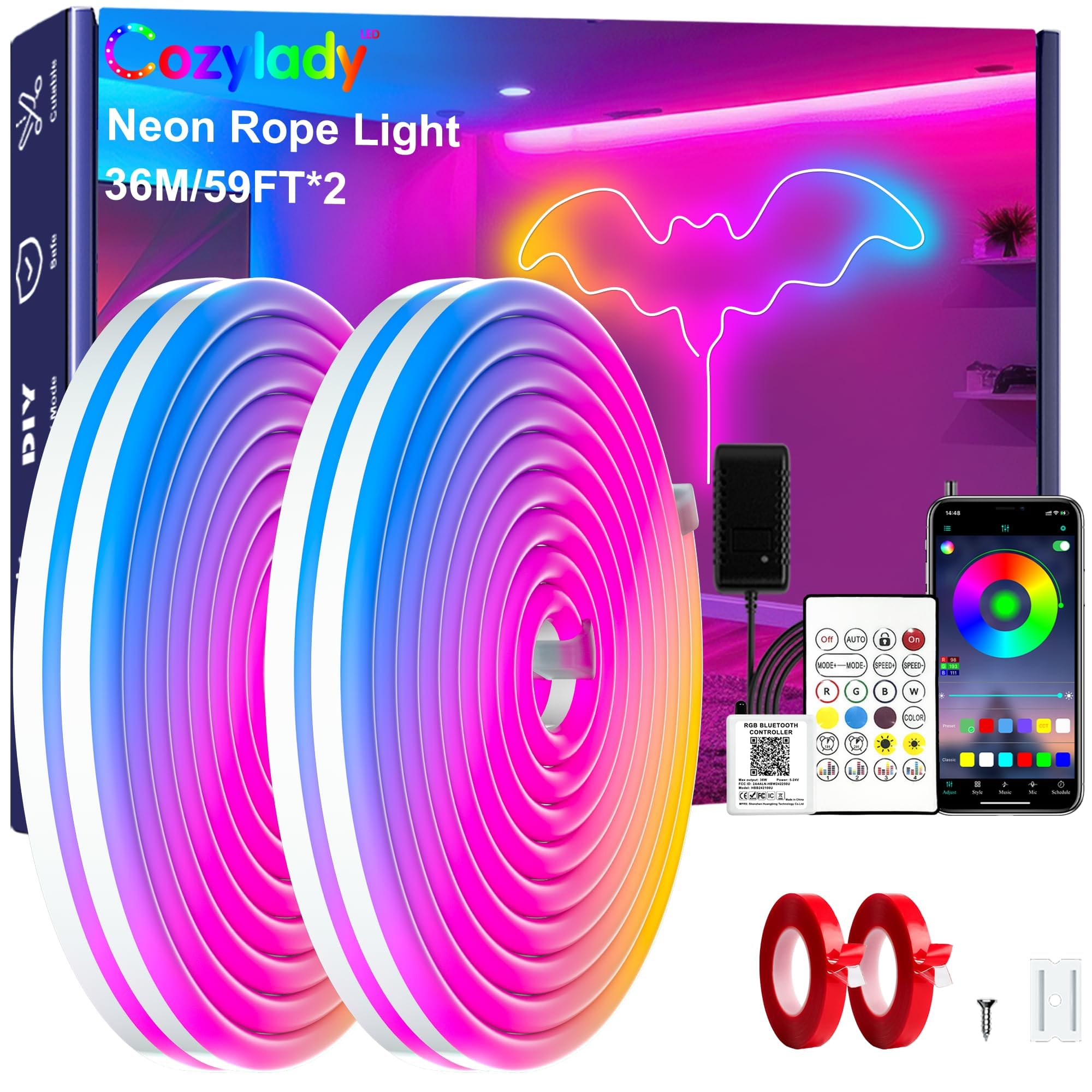 Cozylady 120Ft (60Ft * 2 Rolls) RGB LED Neon Rope Lights for Bedroom, 36m LED Strip Lamp with Double Sided Adhesive Tape, App/Remote Control DIY