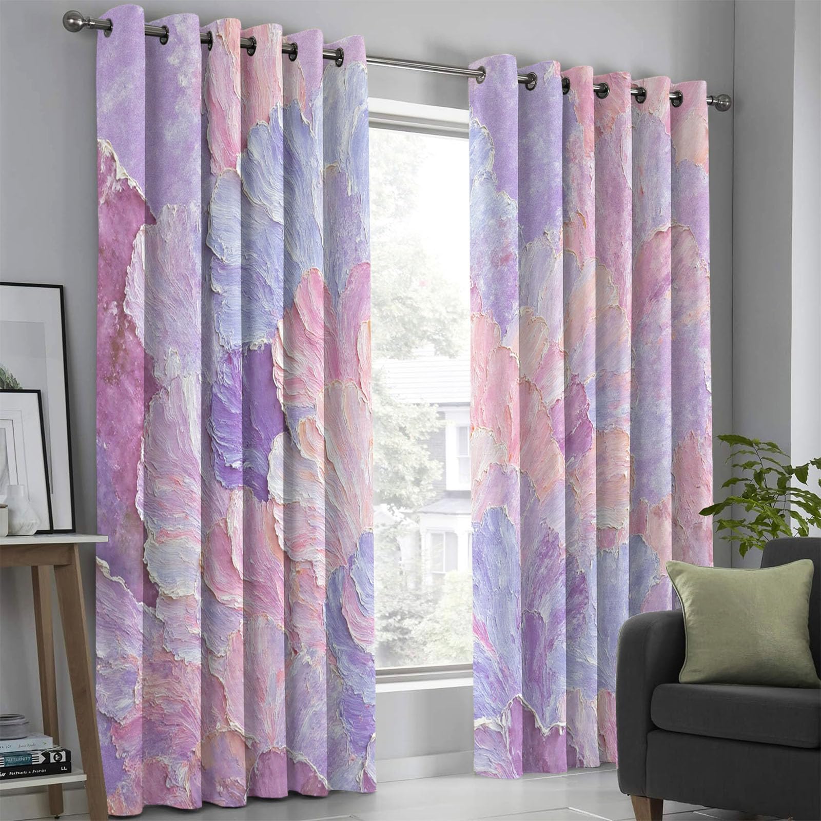 Rideau Occultant Salon Pétales Abstraits 3D, Rideaux Motif Texture De Peinture À l'huile avec Oeillets 2 Panneaux Rideaux Occultant Thermiques Opaque pour Fenetre Chambre, 117X137 Cm, Poudre Blush