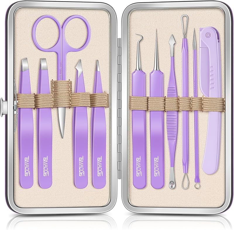 Kit TsMADDTs com 11 ferramentas para cuidados da pele e sobrancelhas, aço inoxidável, com estojo
