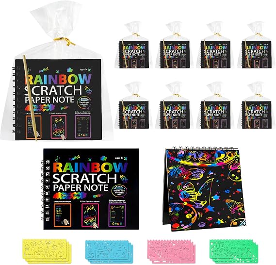 Scratch Art, Rainbow Scratch Notes, Scratch Art Party Bag Fillers | 12 Pack Black Rainbow Art Books Set, Party, Classroom, Birthday Gifts for Doodles, DIY Paintings