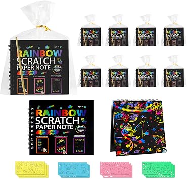 Scratch Art, Rainbow Scratch Notes, Scratch Art Party Bag Fillers | 12 Pack Black Rainbow Art Books Set, Party, Classroom, Birthday Gifts for Doodles, DIY Paintings