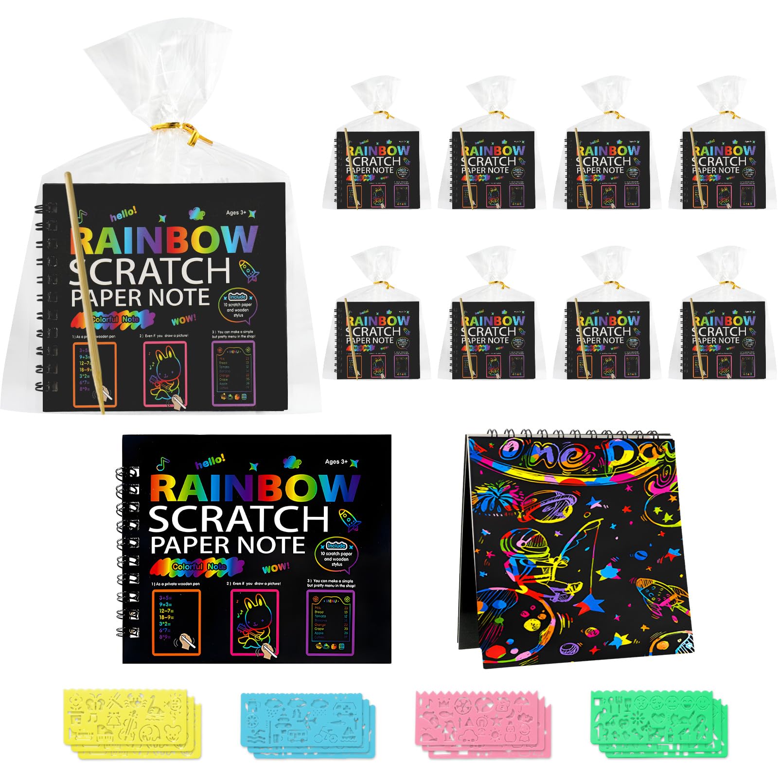 Carte à Gratter Enfant 12 Pack Notes Arc-en-ciel Livre d'Art à Gratter avec Stylo Bambou