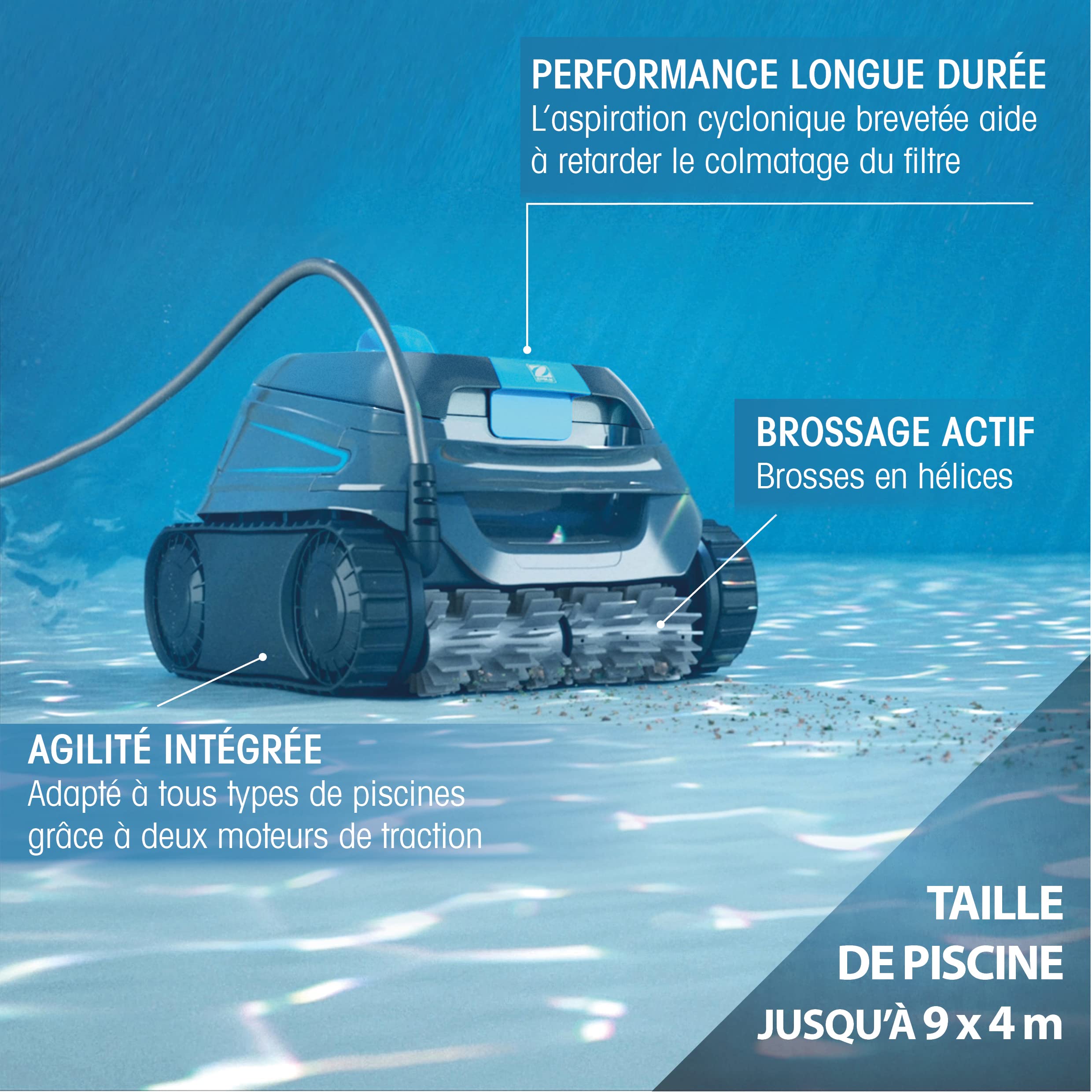Robot Piscine électrique CNX 10 Zodiac pour Piscine 9 x 4 m. Nettoie Fond, parois et Ligne d’Eau. Aspiration cyclonique et agilité Tout Terrain. Câble de 15 m + Filtration Fine