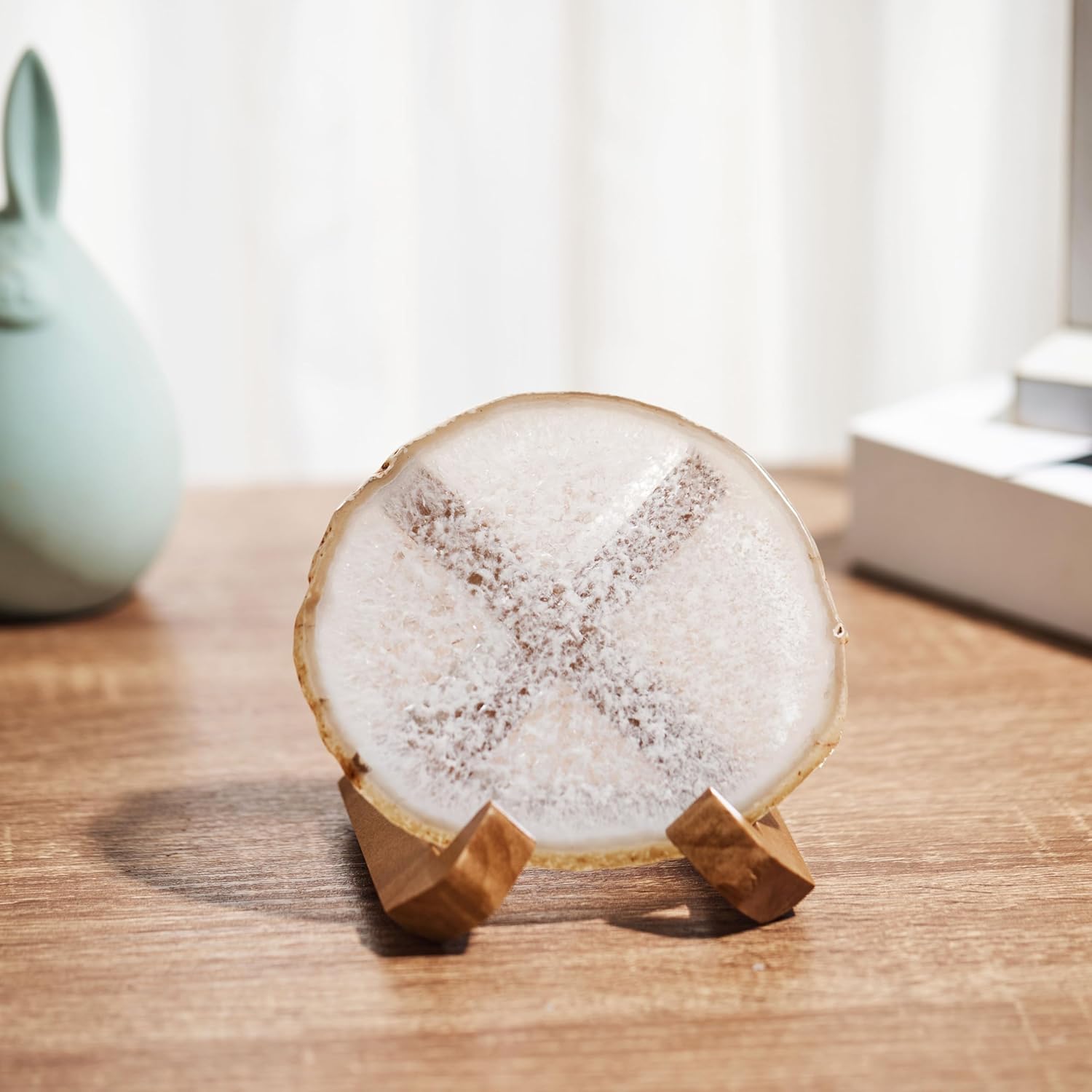 Luxury Lane Large Natural Brazilian Agate Slice Geode Rock Stone Drink Coaster with Wood Holder 4.7-5.5 inch Centerpiece Table Decoration, White - Image 2
