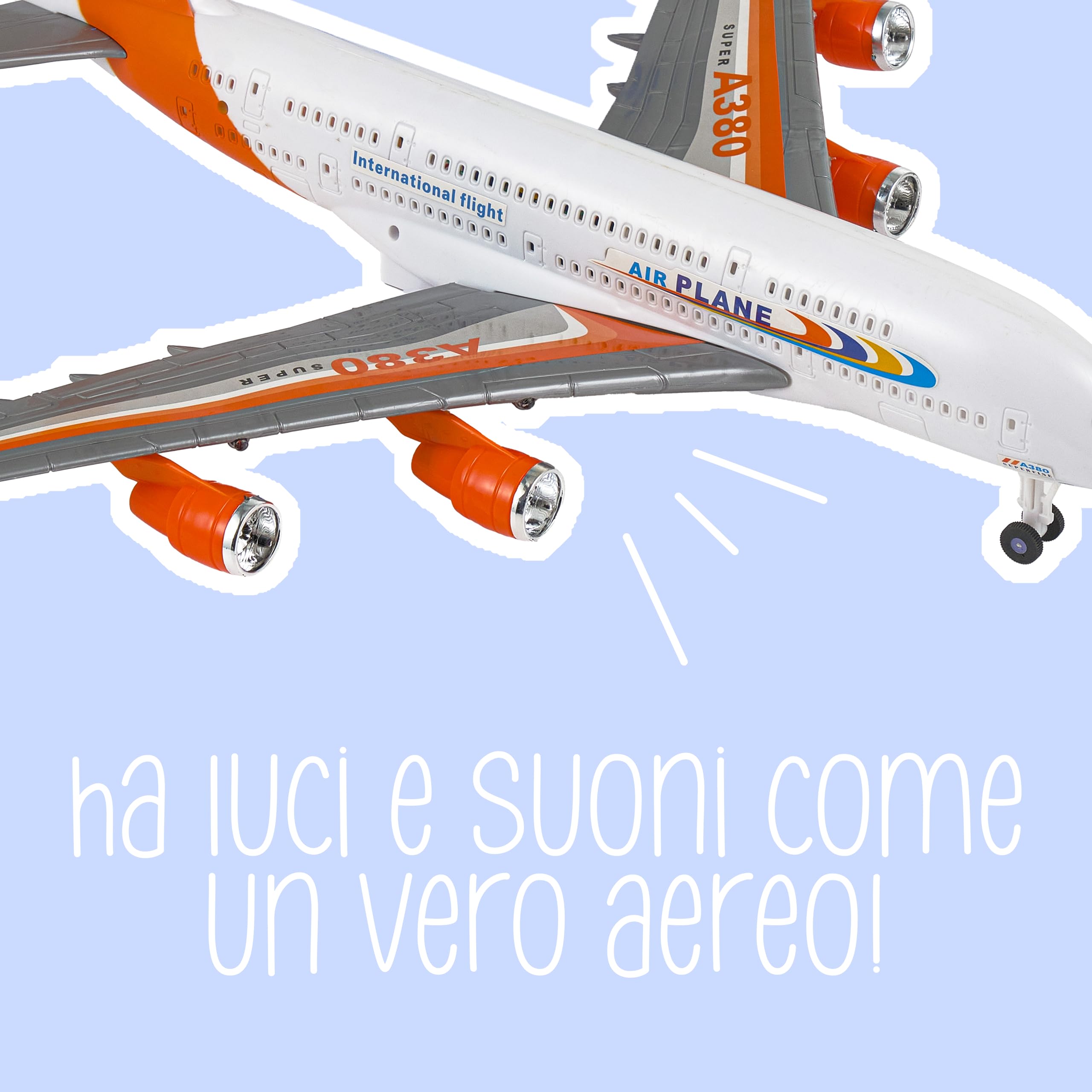 Baroni Toys Aeroplano Ready to Run Giocattolo con Luci e Suoni Colorato, Aereo Gioco da Bambino Accessori Inclusi, Gioco a forma di Aereo per Bambini 3 4 5 6 7 anni, 54x48x10 cm
