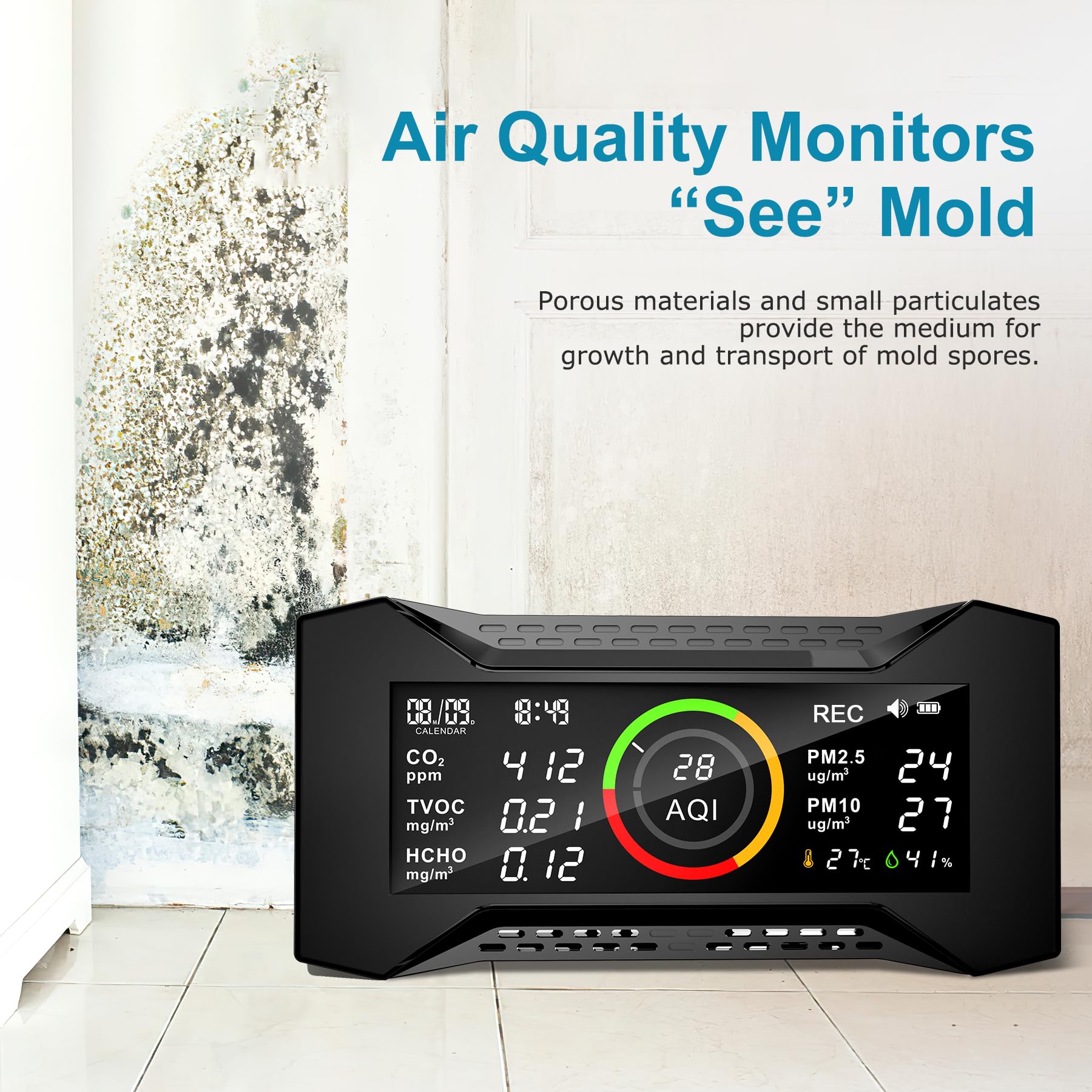 CF-20 DL Monitor de Calidad del Aire Interior con Informe de Datos para CO2 TVOC PM2.5 PM10 AQI HCHO Temperatura Humedad, Monitor de contaminación del Aire con Alarma de Audio