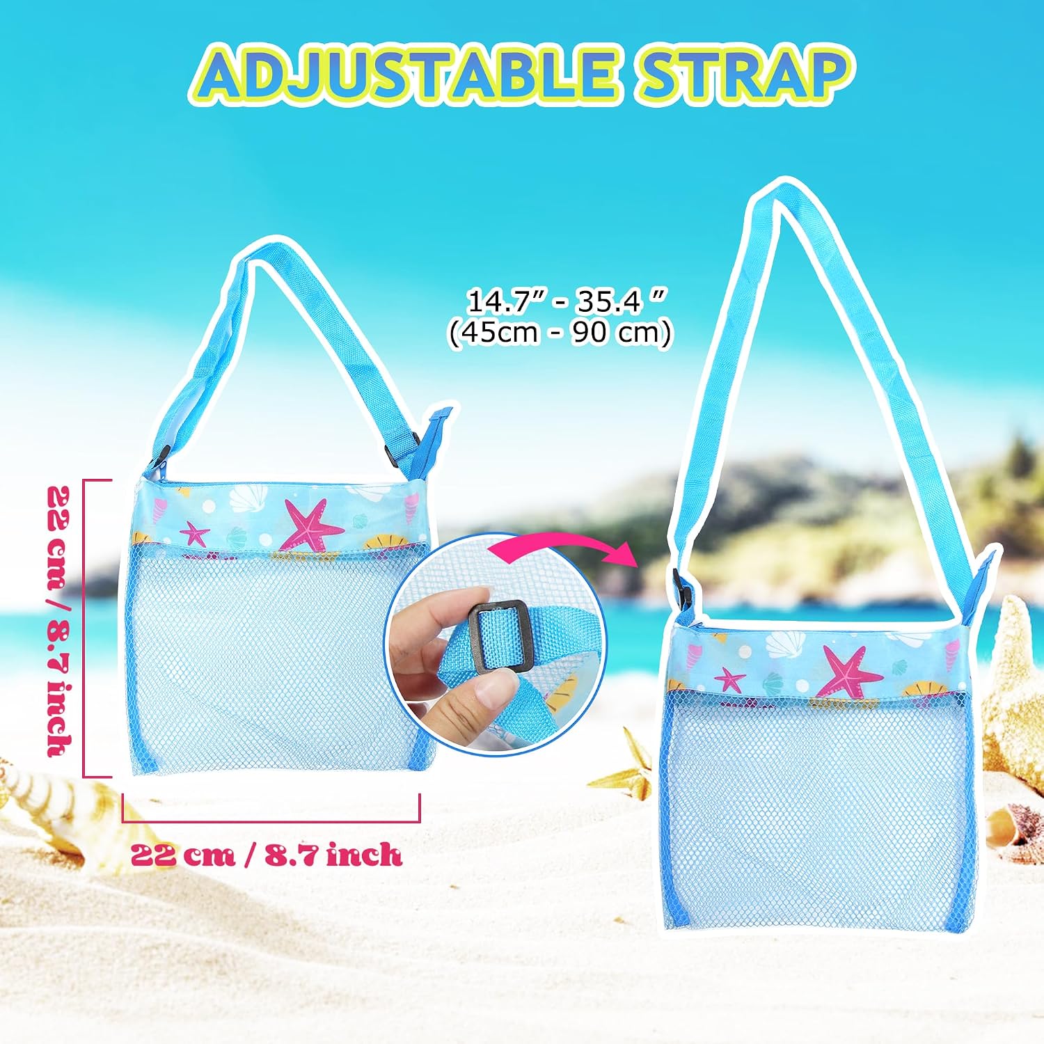 Beach Bags Seashell Bags for Kids, 8.7" Mesh Shell Collecting Bag for Picking up Shells, Sand Toys, Pool and Beach Swimming Accessories-Colorful, Adjustable Strap & Lockable 4 Pack image 3