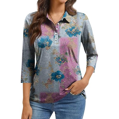 3/4 Length Sleeve Womens Tops Button V Neck Tunic Print T Shirts Business Work Outfits Classic Blouses Loose Tops
