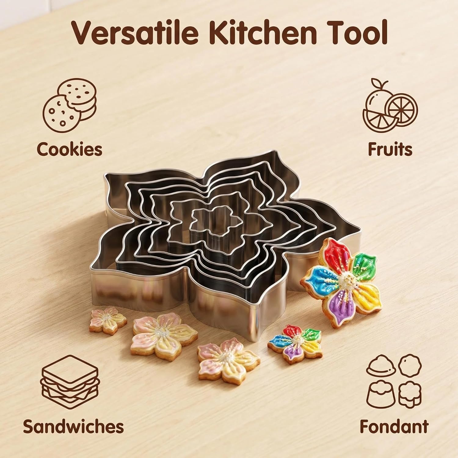 Flower Cookie Cutter Set - 6Pcs Flower Shaped Cookie Cutter, Stainless Steel Cookie Cutters, Baking Tool for Homemaking Cookie, Sandwiches, Cake, Fruit