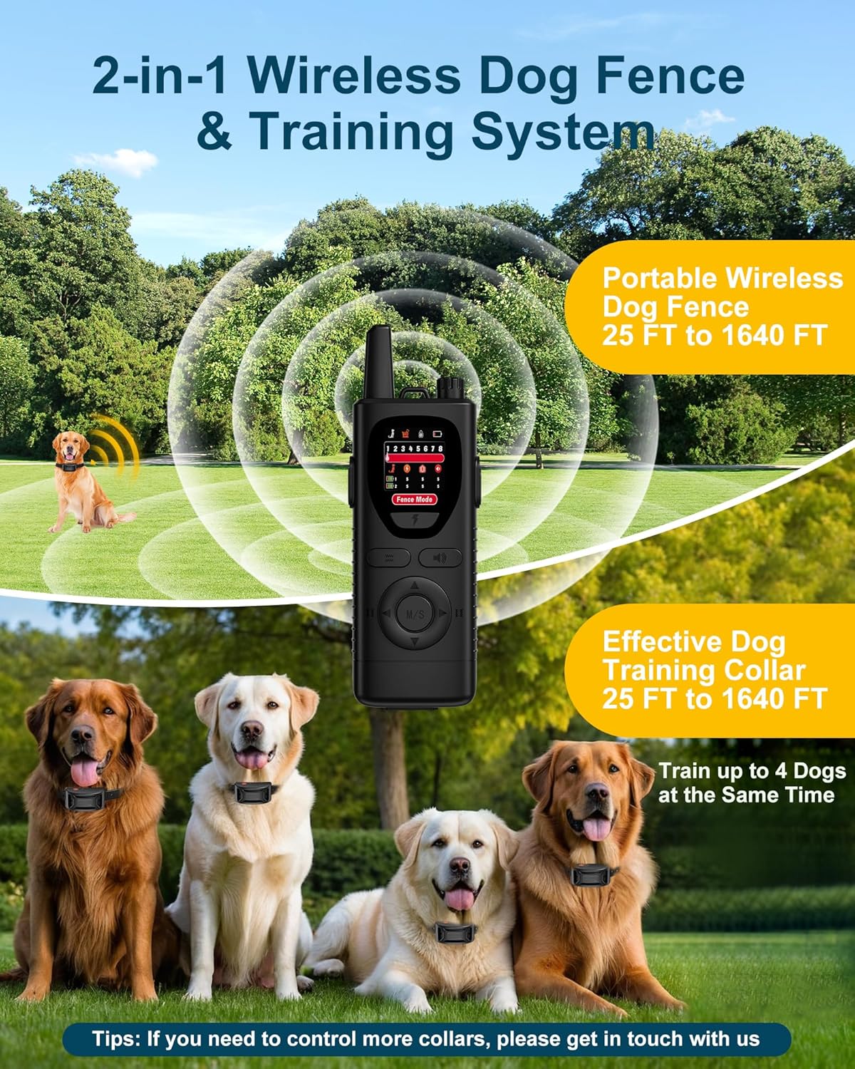 2-in-1 Wireless Dog Fence System and Training Remote for 2 Dogs - Multiple Dog Electric Fence Pet Containment Waterproof Collars Safe Adjustable Boundary Rechargeable Easy Operation