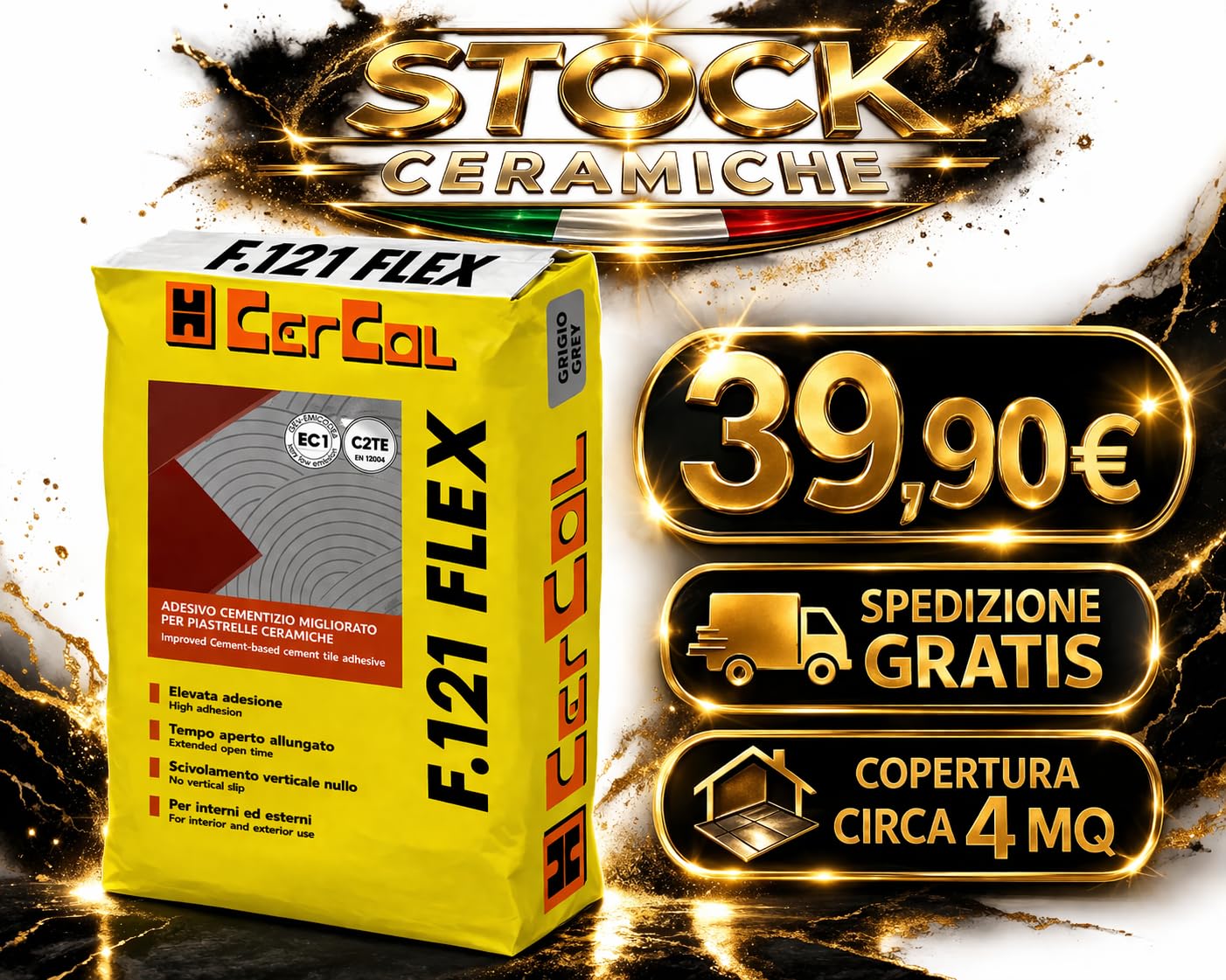 Colla per piastrelle 25 kg f121 flex grigio per gres effetto pietra, effetto legno, marmo, pietre naturali, travertino, cotto, battiscopa