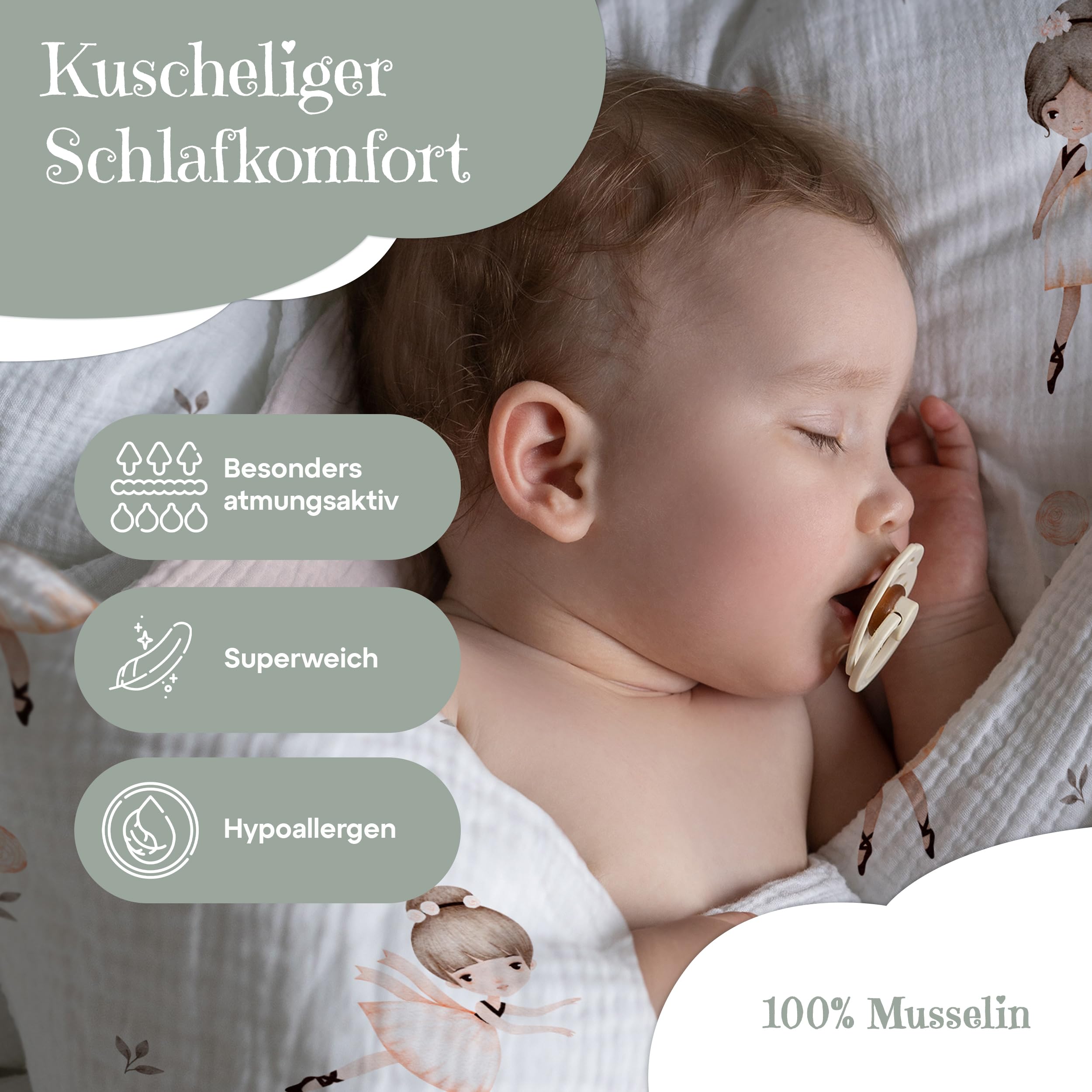 Premium Bettwäsche 135x200 für Kinder (Ballerinas) - Flauschige Musselin aus Baumwolle - Oeko-TEX zertifizierte Premium Kinderstoffe