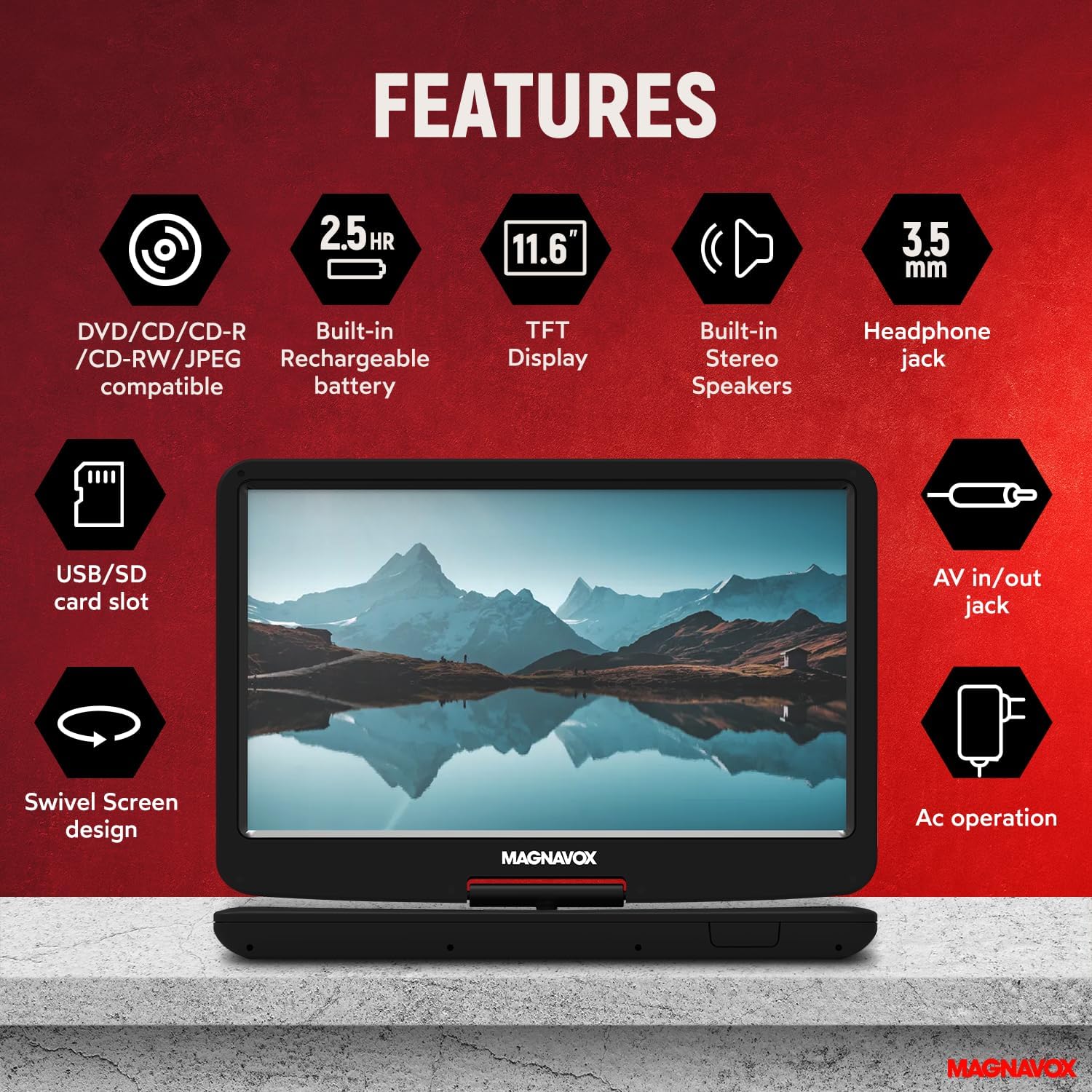Magnavox MTFT754 Portable 11.6 Inch TFT Swivel Screen DVD/CD Player in Black | Rechargeable Battery | Swivel Screen Design | Great for Road Trips | Headphone Jack |