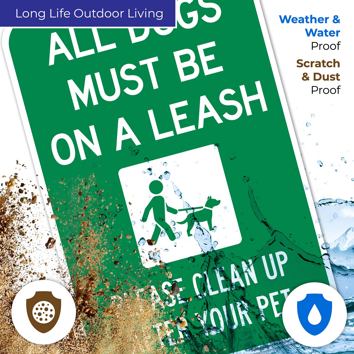 All Pets Must Be On A Leash Please Clean Up After Your Pet with Dog On Leash Symbol 12x18 Inches, Rust Free .063 Aluminum, Fade Resistant, Made in USA