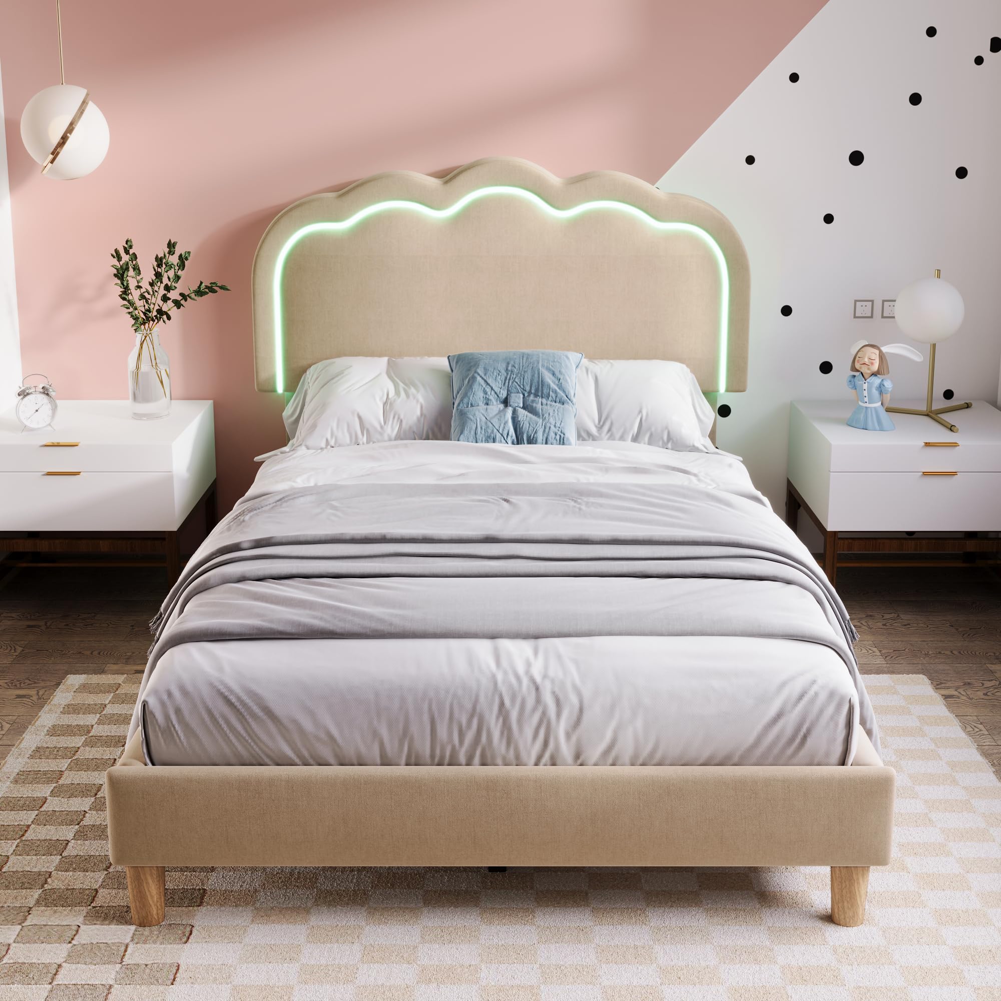 Gecheer Letto con Testiera a LED, Pompon Letto Matrimoniale 90x200 cm, Rivestito in Lino Beige, con Luci LED Regolabili e Modalità Musica, Struttura Robusta, Altezza Regolabile, per Camera da Letto