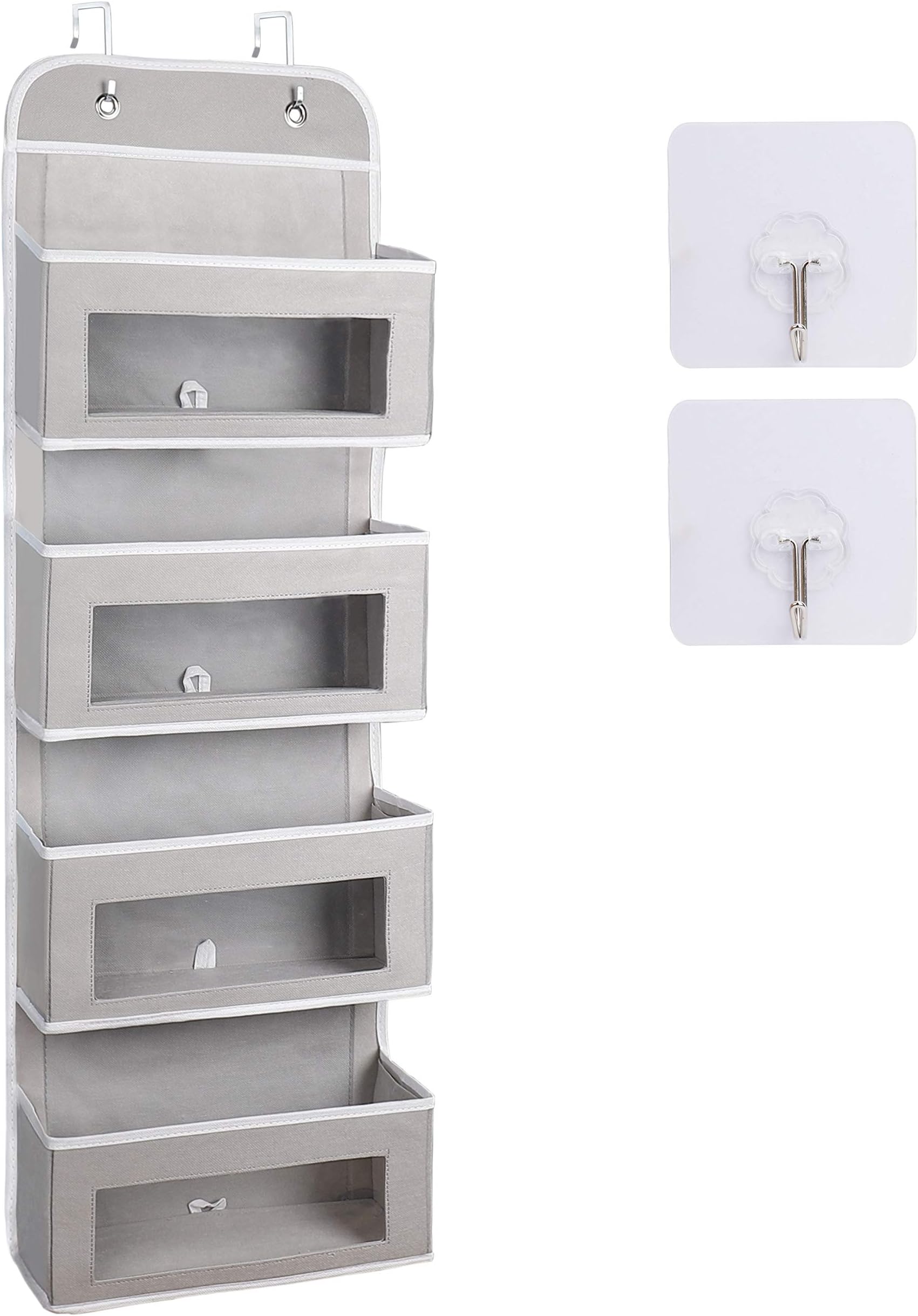 MaoXinTekOver Door Hanging Storage with Metal Hooks 4 Pockets Foldable Wall Mount Organizer with Transparent Window for Toys Magazine Sunglasses Hat Grey