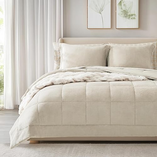 Miniatura 9 de Juego de edredón de lujo tamaño Queen de 7 piezas, juego de edredón de terciopelo de franela de felpa gris pardo de 7 piezas, edredones de felpa