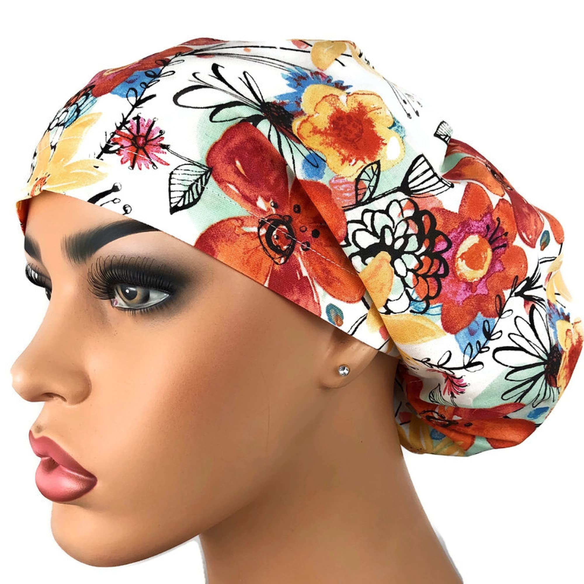 Womens Scrub Hat Nurse Cap Euro Style Adjustable Bouffant Orange Floral