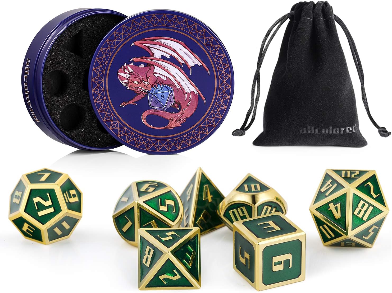 ALLCOLORED 16mm DND Metal Dice Green Gold 7PCS D&D Polyhedral Dice Set with Metal Tin and Velvet Bag for Playing Tabletop Roleplay Games Dungeons and Dragons