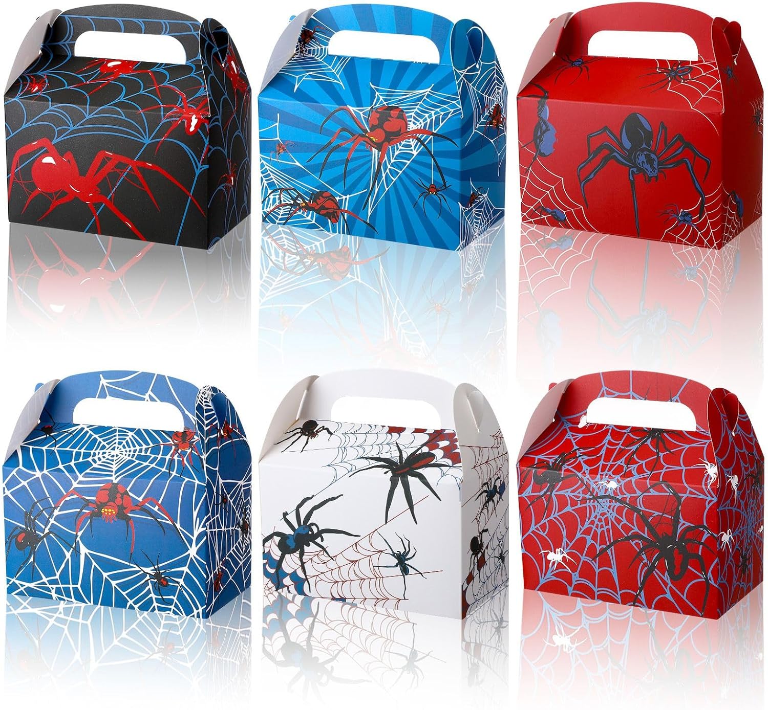 Hokoad 24 Pcs Spider Party Favor Boxes With Handles - 6 Styles Halloween Treat Bags for Kids, Spooky Birthday Goodie Candy Boxes, Gable Gift Box Decorations Supplies (24)