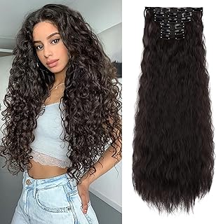 Flufymooz Clip In Hair Extensions,6PCS Hair Extensions Long Mermaid Waves Wavy Synthetic Clip On Hairpiece For Women 24 Inch (Black Brown)