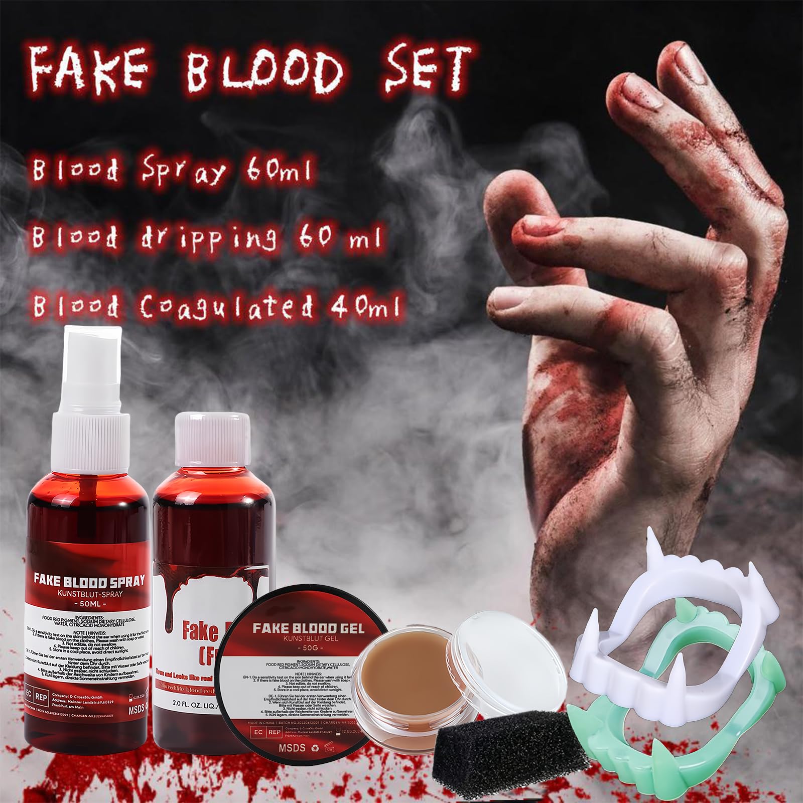 Sangue Finto Lavabile Halloween 60ml Spray 60ml Liquido 50g Coagulato, Cera Cicatriziale , 2x Denti di Vampiro, Set Trucco Effetti Speciali Trucchi Hallowen