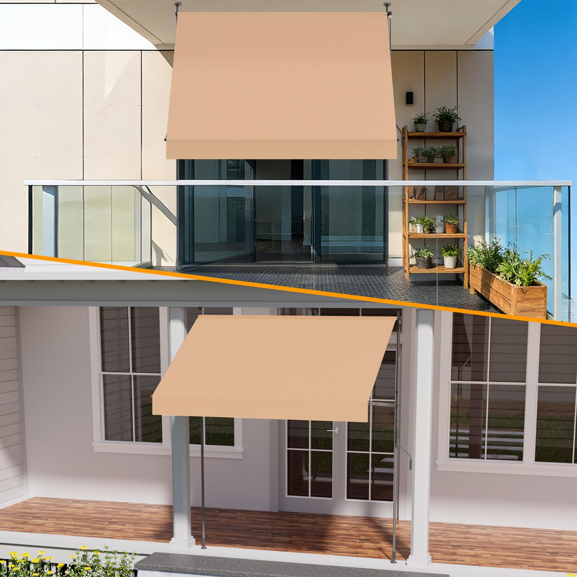 HOMEDEMO Klemmmarkise mit Einstellbare Handkurbel, Balkonmarkise ohne Bohren, Markise Sonnenschutz, UV-beständig & höhenverstellbar für Outdoor, Terrasse, Balkon, Garten, Khaki, 300 x 125-150 cm