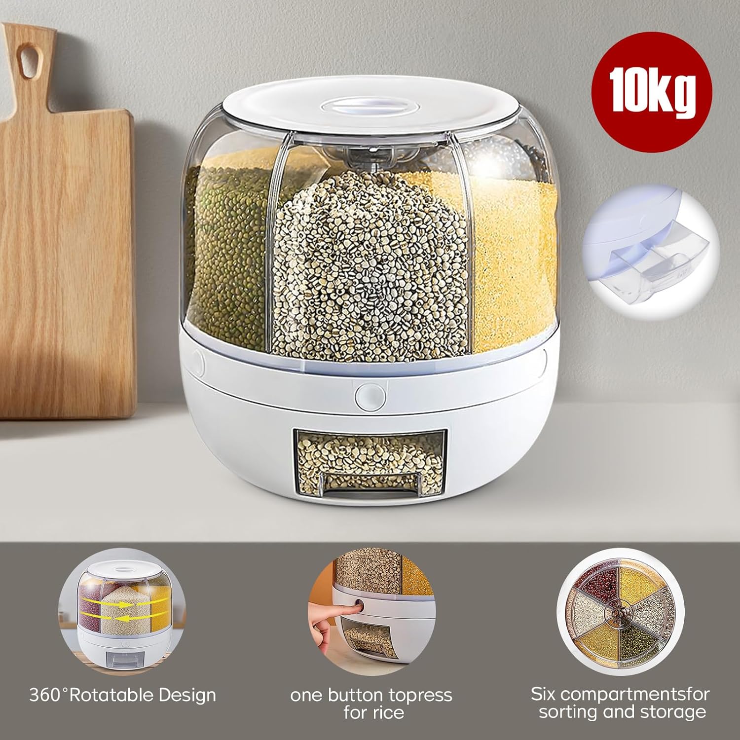 DYRABREST 6-Grid Cereal Dispenser 360° Rotating Food Storage Container 10kg/22 lbs Large Capacity Kitchen Food Dispenser Countertop Rice Bucket with Lid for Lentils, Rice, Beans, Dry Food