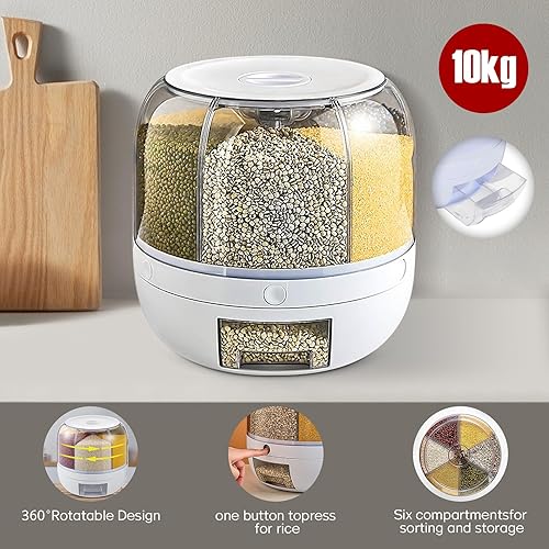 Miniatura 5 de DYRABREST Dispensador de cereales de 6 rejillas, contenedor de almacenamiento de alimentos giratorio de 360, 22.0 lbs22 libras, dispensador de