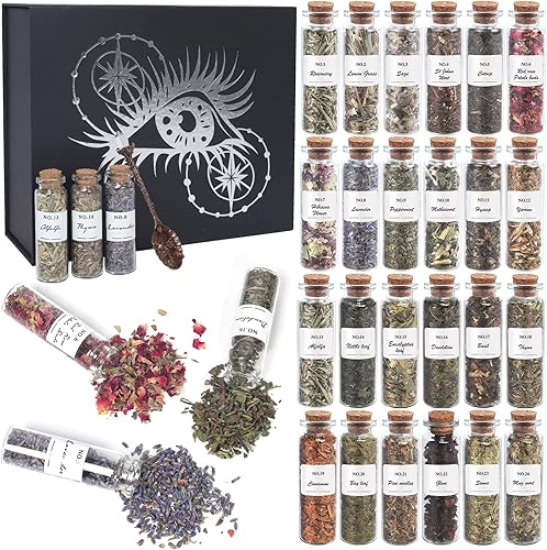Witchcraft Supplies - Kit de hierbas y flores  Juego de 24 hierbas secas naturales con cuchara de cristales, caja de hierbas secas experimentada