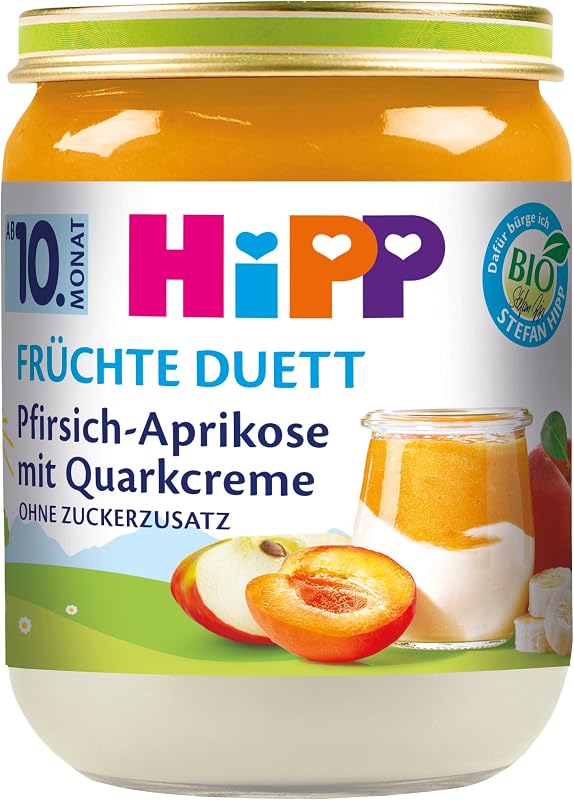 HiPP Pfirsich-Aprikose mit Quarkcreme, Früchte Duett ab 10. Monat (6 x 160g), ohne Zuckerzusatz, glutenfrei, in bester Bio-Qualität
