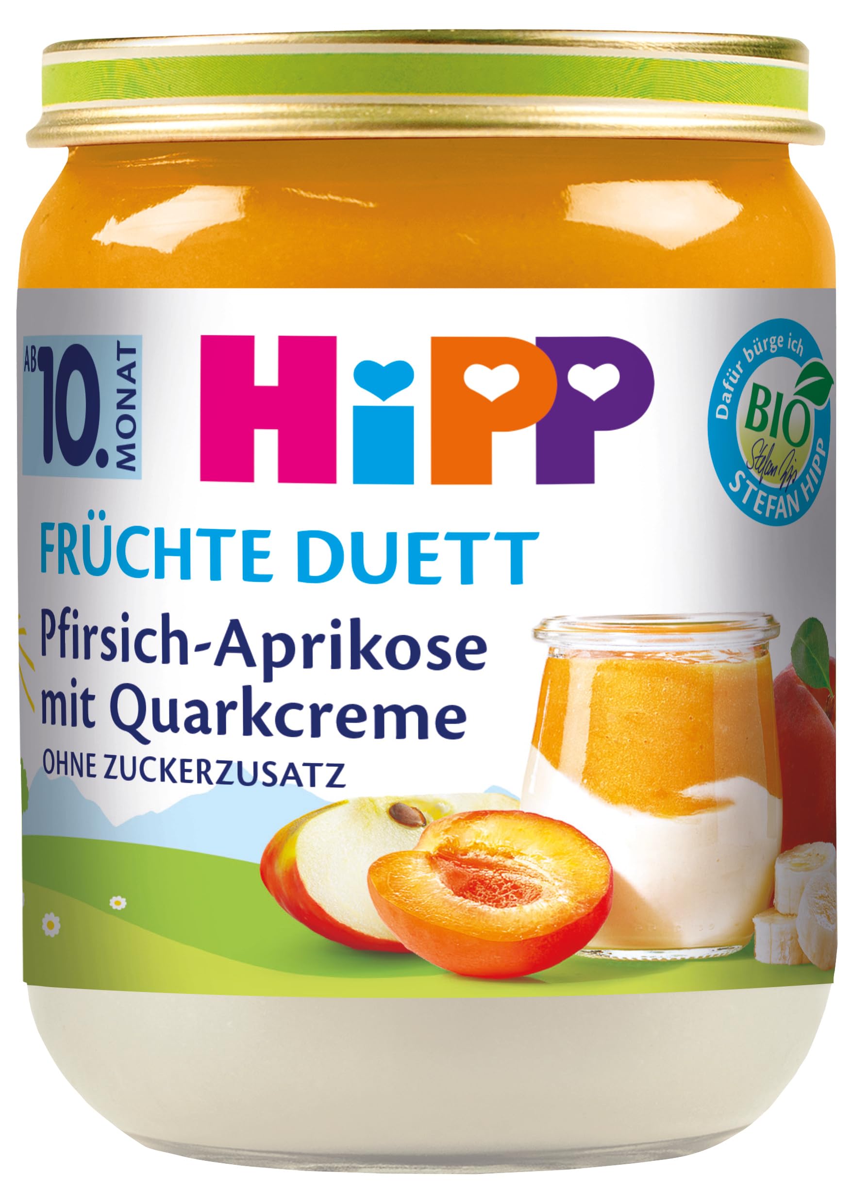 HiPP Pfirsich-Aprikose mit Quarkcreme, Früchte Duett ab 10. Monat (6 x 160g), ohne Zuckerzusatz, glutenfrei, in bester Bio-Qualität