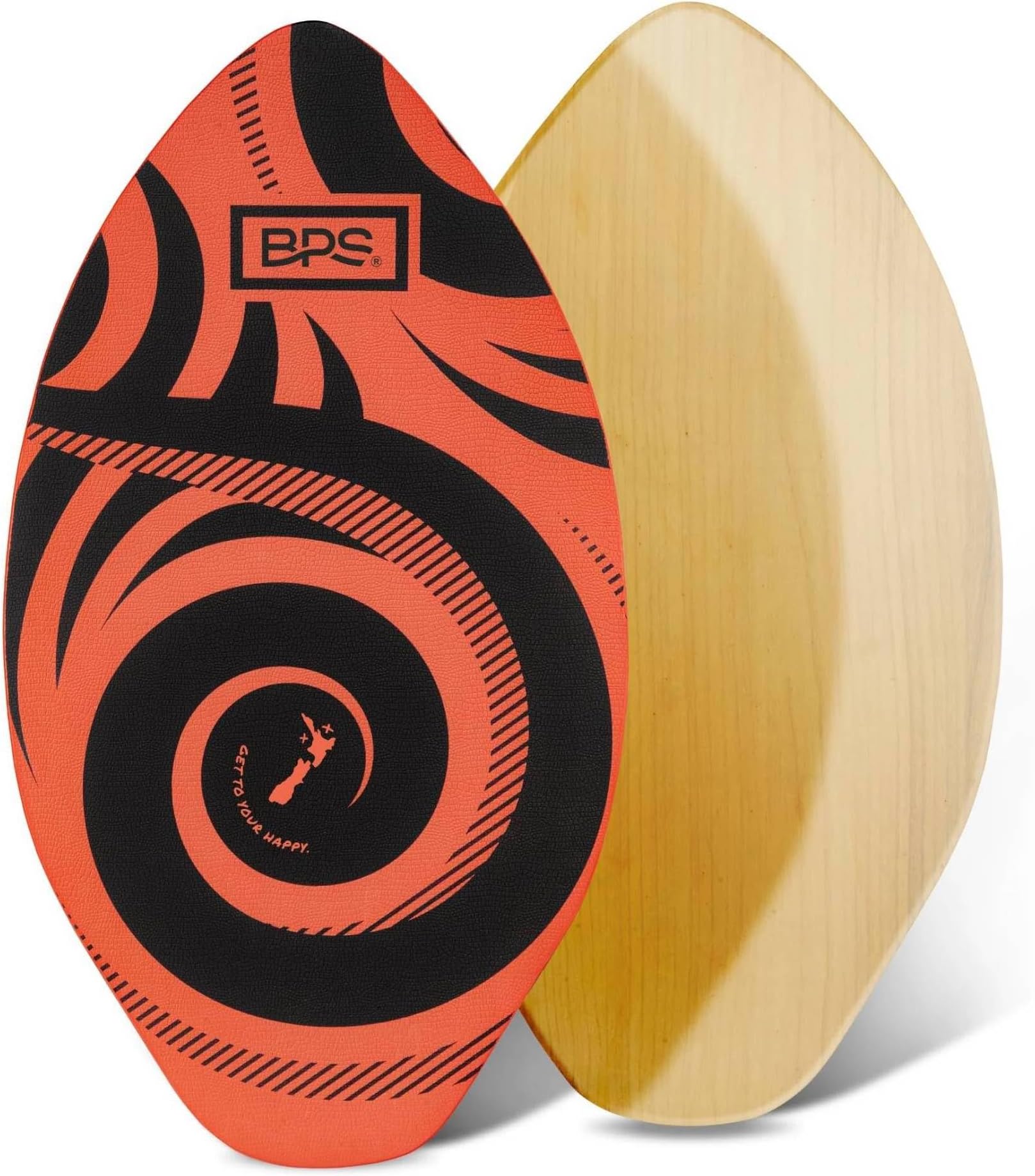 BPS ‘Koru’ 30" Skimboards with Colored EVA Grip Pad and High Gloss Clear Coat | Wooden Skim Board with Grip Pad for Kids and Adults | Orange with Black Accent