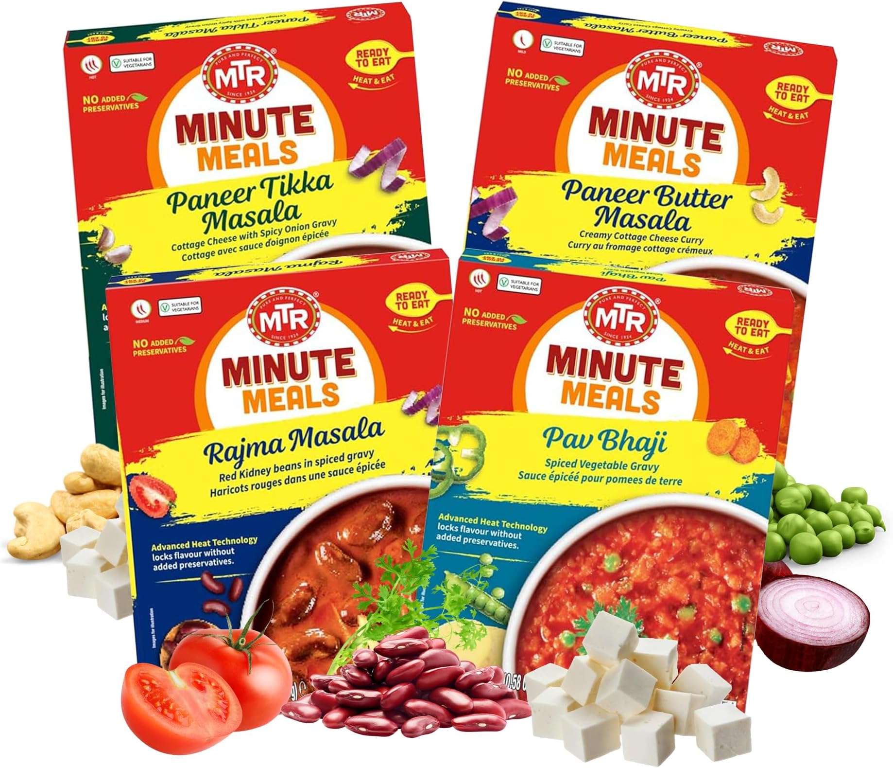 Ready-To-Eat: Desi Special - Assorted Pack of 4 (Paneer Tikka Masala, Paneer Butter Masala, Rajma Masala, Pav Bhaji) - Authentic Indian Food with No Added Preservatives - Suitable for Vegetarians