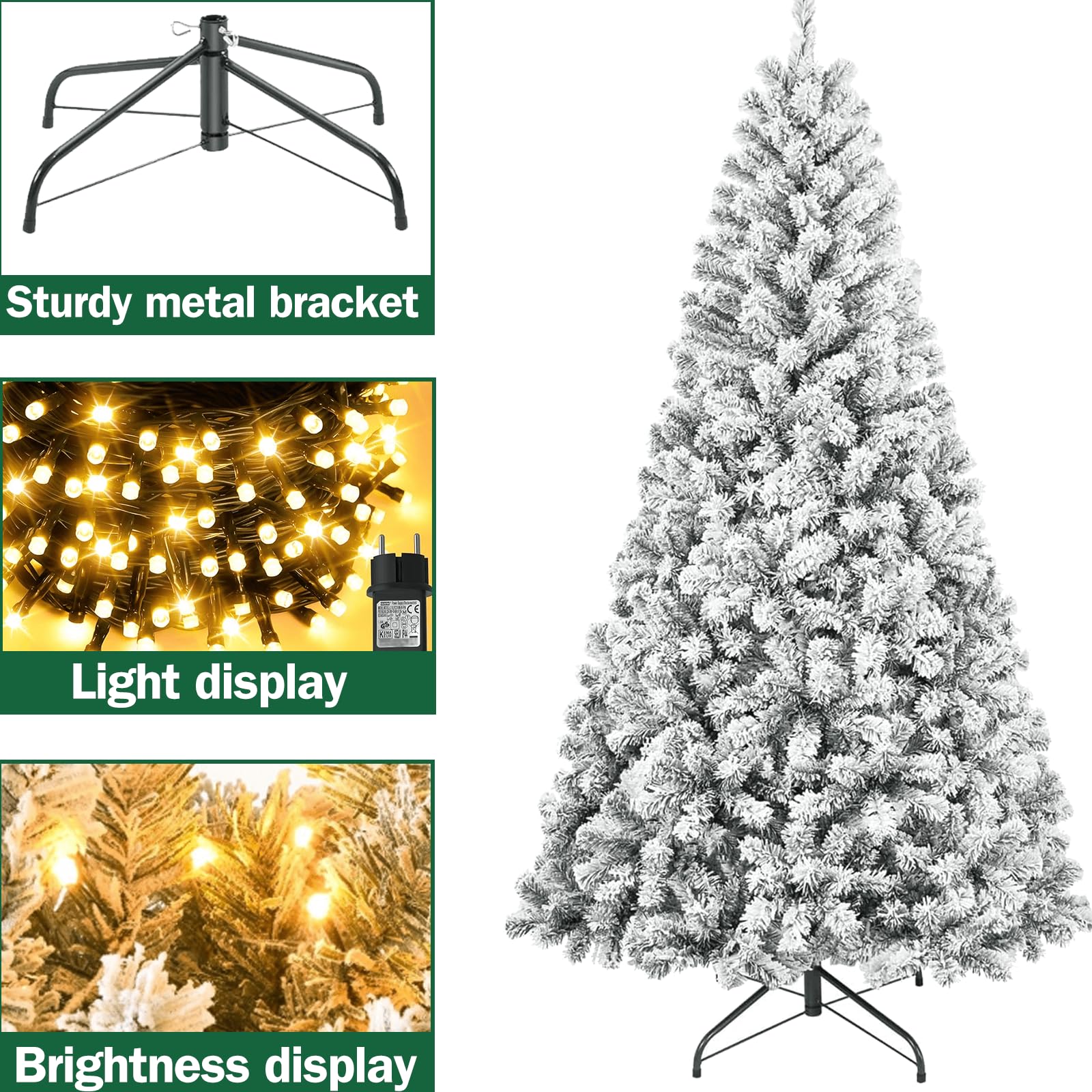 QLOFEI 180cm Arbol de Navidad Nevado Artificial con Nieve y 300 Luces LED Cálidas, Arbol de Navidad con Luces Incorporadas, 856 Puntas y Soporte de Metal para Hogar Oficina Comercio Fiesta