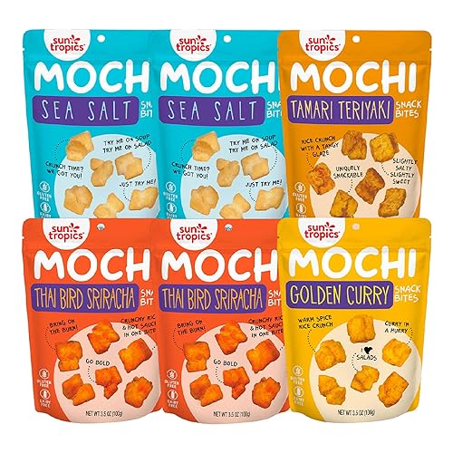 Sun Tropics Mochi Snack Bites, Variety Pack- 3.5 oz (6 Pack) - Crunchy Mochi Snacks - Gluten Free & Dairy Free, No MSG - Asian Rice Snacks - Variety - 21 Ounce (Pack of 1)