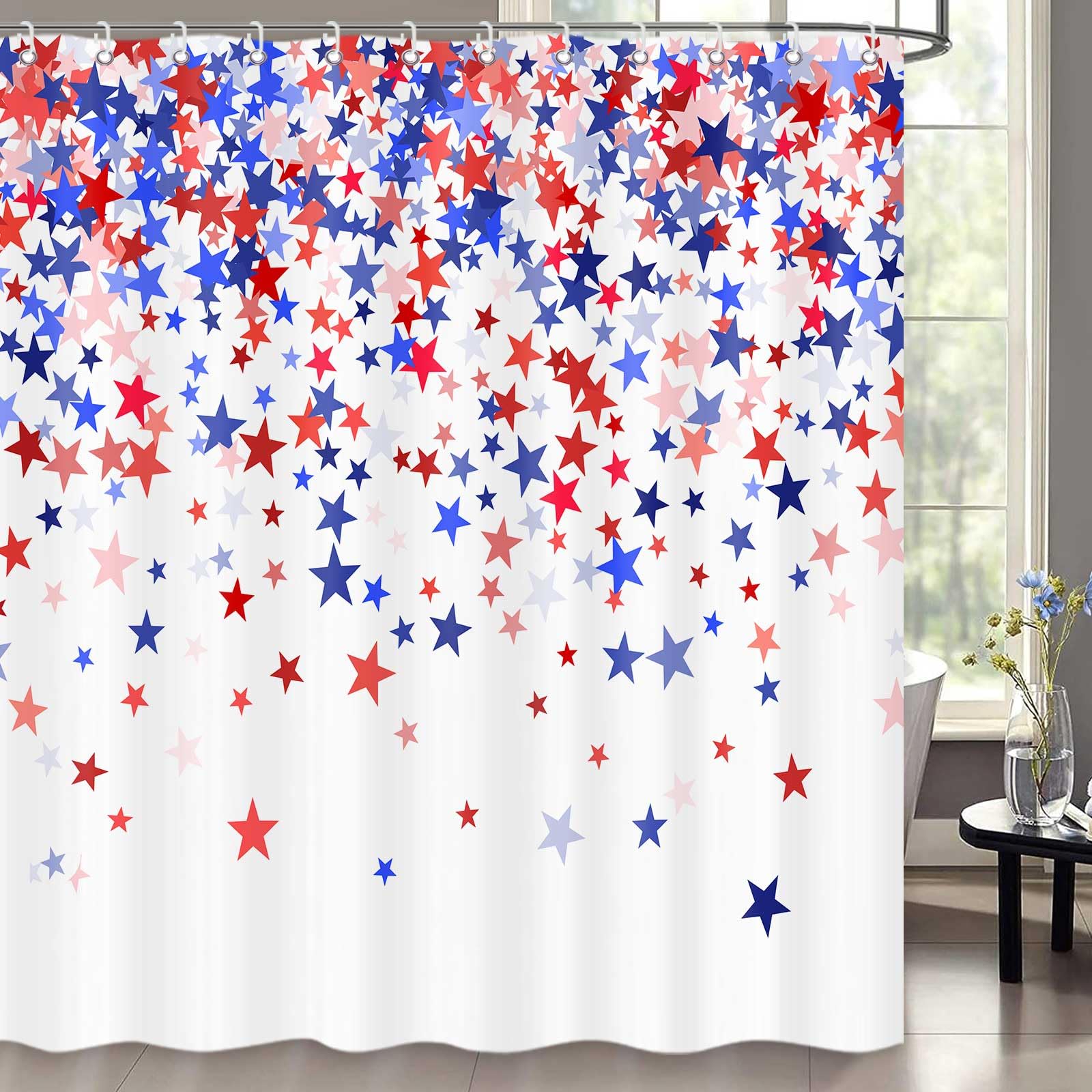 ICTEISOM American Patriotic Shower Curtain 4th of July Independence Day Shower Curtain with Hooks Set Blue Red Stars Shower Curtains for Bathroom
